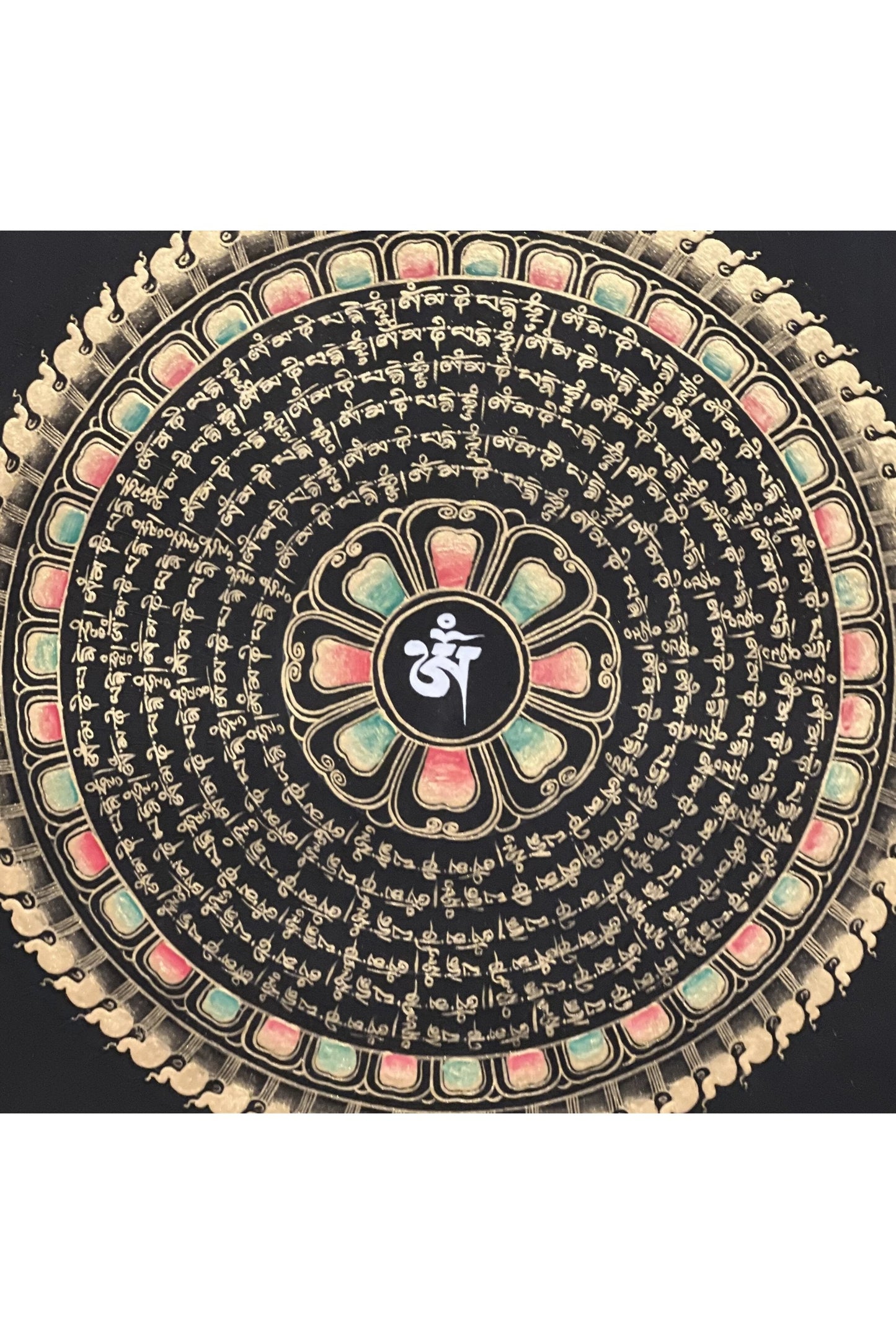 Om Mantra Mandala Black and Gold Tibetan Thangka Painting Original Hand Painted Buddhist Meditation Art - Tibetan Thangka Art