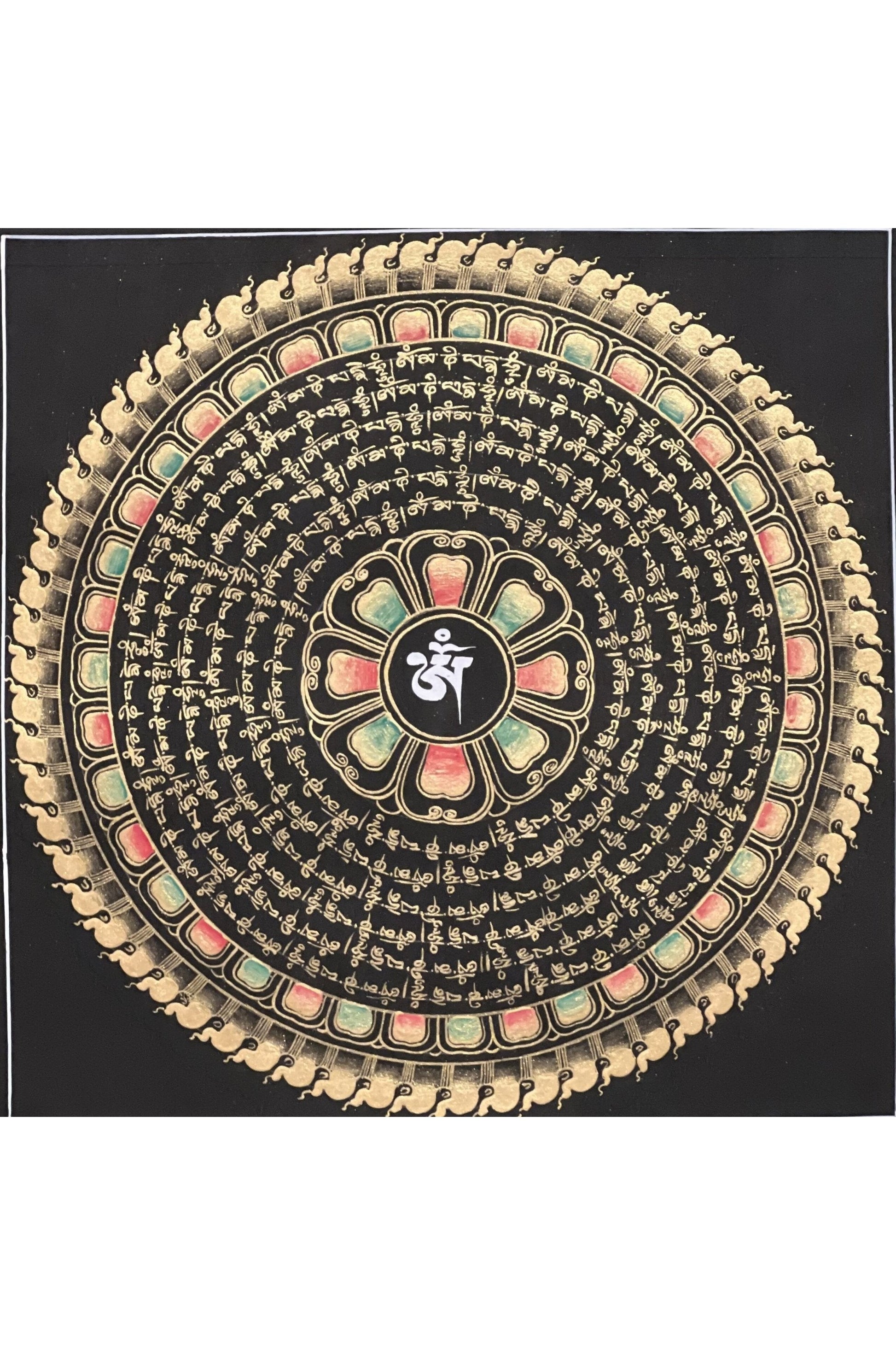 Om Mantra Mandala Black and Gold Tibetan Thangka Painting Original Hand Painted Buddhist Meditation Art - Tibetan Thangka Art