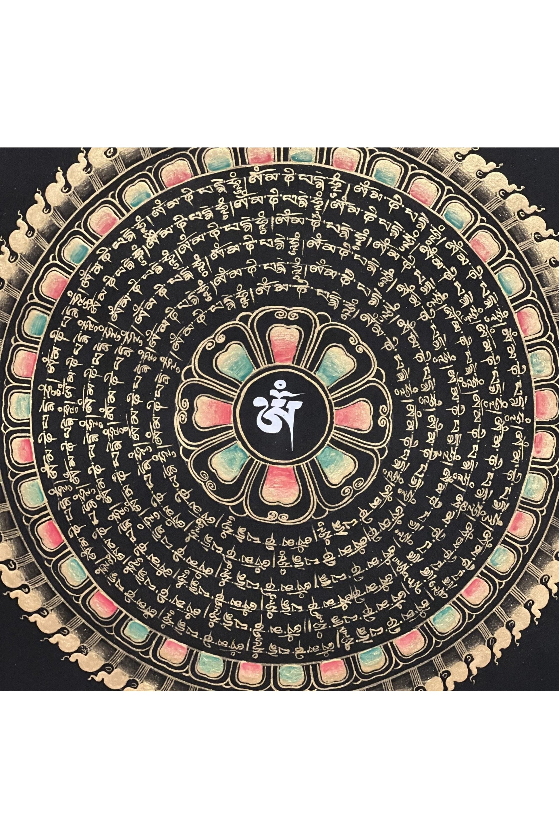 Om Mantra Mandala Black and Gold Tibetan Thangka Painting Original Hand Painted Buddhist Meditation Art - Tibetan Thangka Art