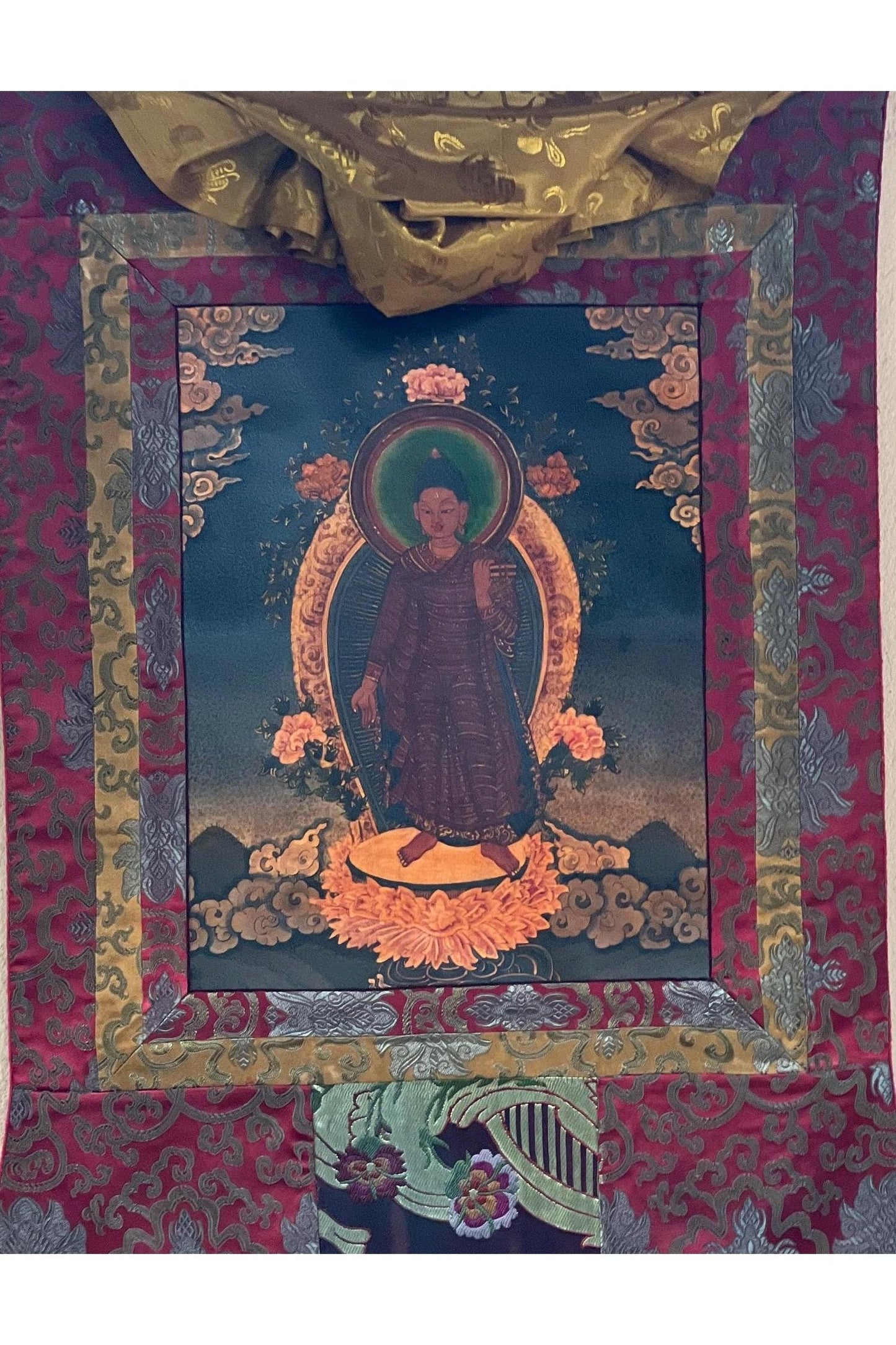 Original Hand Painted Adi Buddha Dipankar/ Dipankara Old Oil Varnished Newari Paubha/ Thangka Painting, Original Art with Silk Brocade - Tibetan Thangka Art