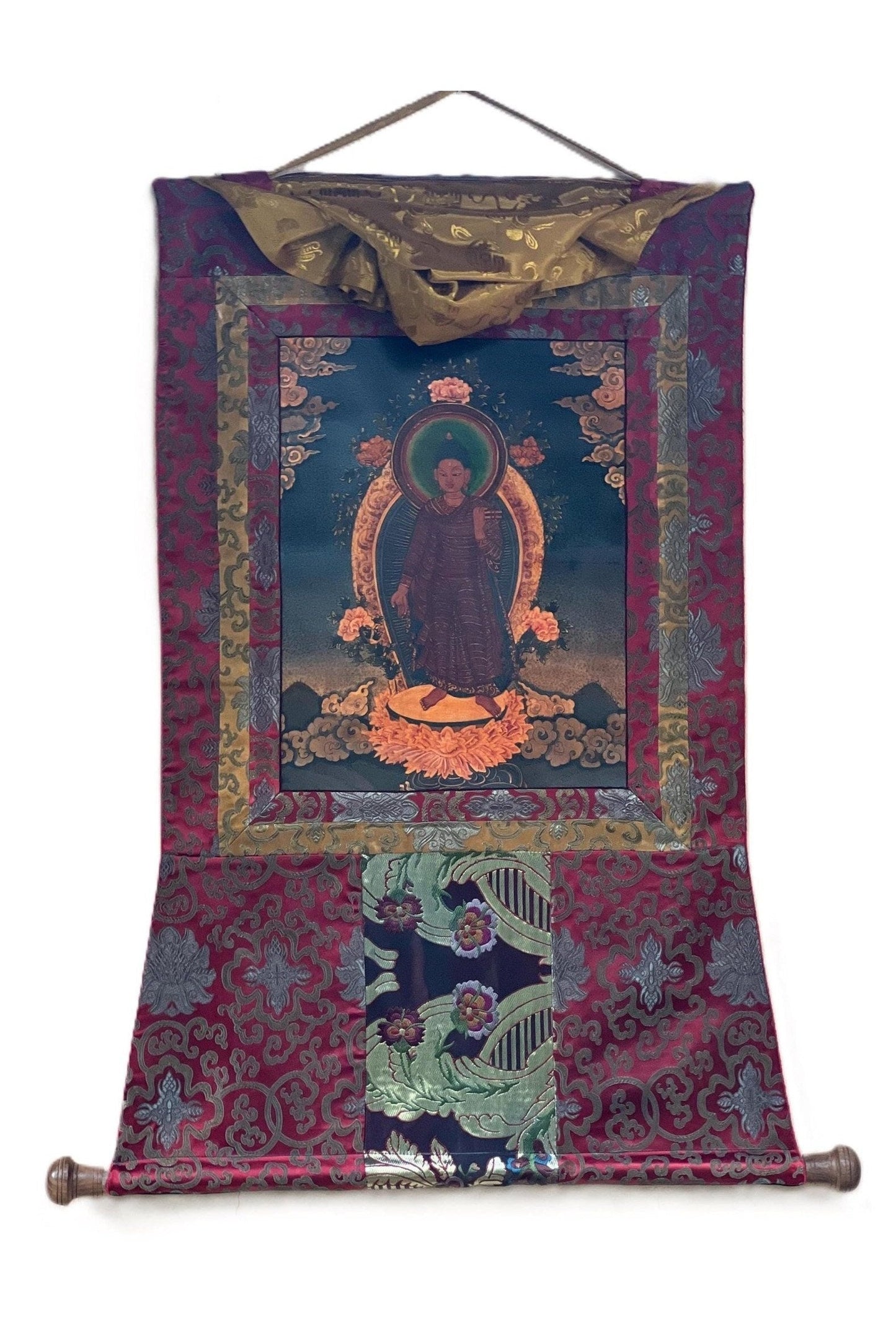 Original Hand Painted Adi Buddha Dipankar/ Dipankara Old Oil Varnished Newari Paubha/ Thangka Painting, Original Art with Silk Brocade - Tibetan Thangka Art