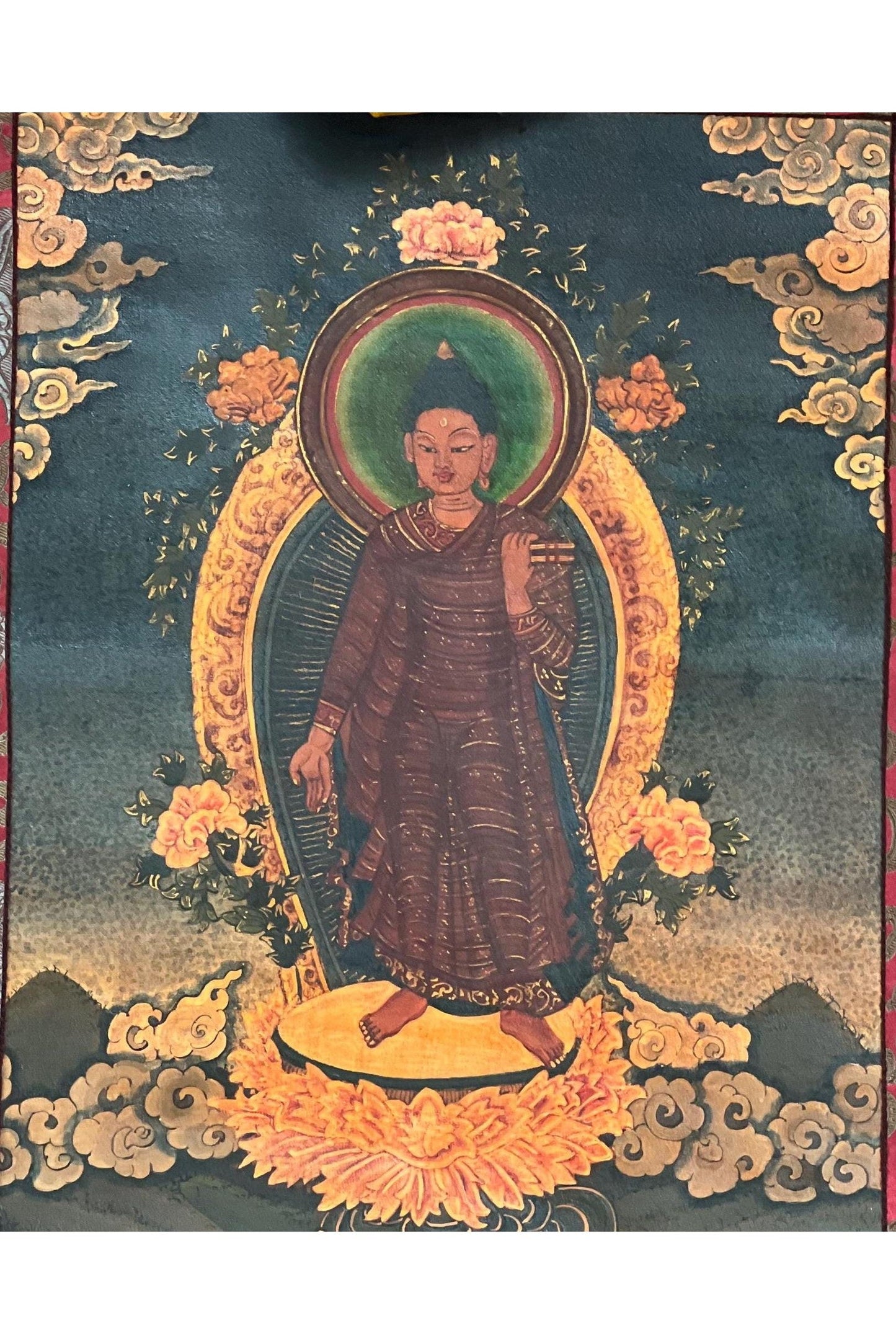 Original Hand Painted Adi Buddha Dipankar/ Dipankara Old Oil Varnished Newari Paubha/ Thangka Painting, Original Art with Silk Brocade - Tibetan Thangka Art