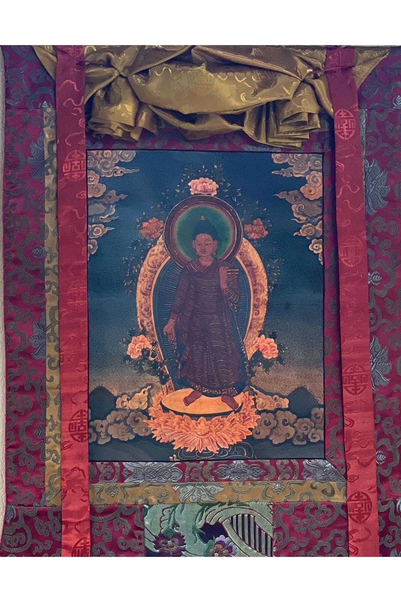 Original Hand Painted Adi Buddha Dipankar/ Dipankara Old Oil Varnished Newari Paubha/ Thangka Painting, Original Art with Silk Brocade - Tibetan Thangka Art