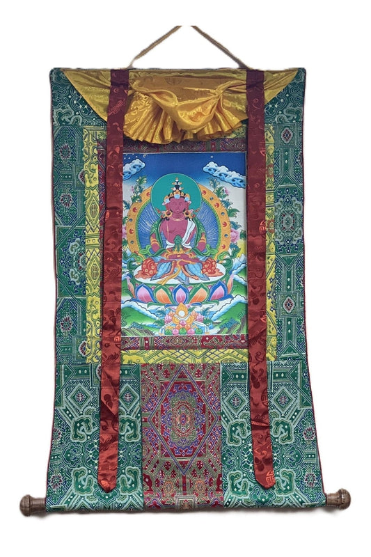 Original Hand Painted Amitayus/Amitabha Buddha/ Pure Land (Sukhavati) Tibetan Thangka Painting/ Art with High Quality Silk Brocade - Tibetan Thangka Art