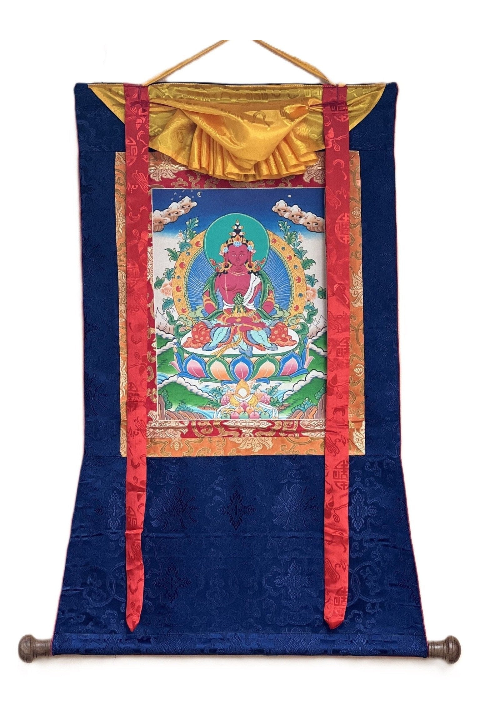 Original Hand Painted Amitayus/Aparamita Pure Land Sukhavati Buddha of Eternal Life Masterpiece Tibetan Thangka Painting with Silk Brocade - Tibetan Thangka Art