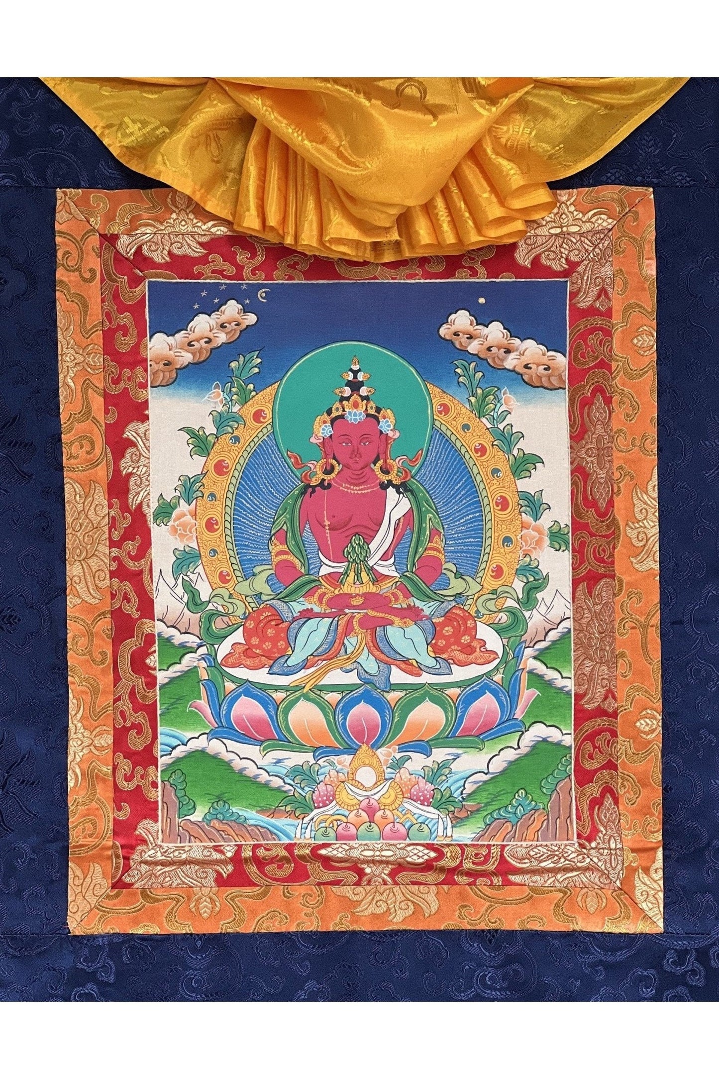 Original Hand Painted Amitayus/Aparamita Pure Land Sukhavati Buddha of Eternal Life Masterpiece Tibetan Thangka Painting with Silk Brocade - Tibetan Thangka Art