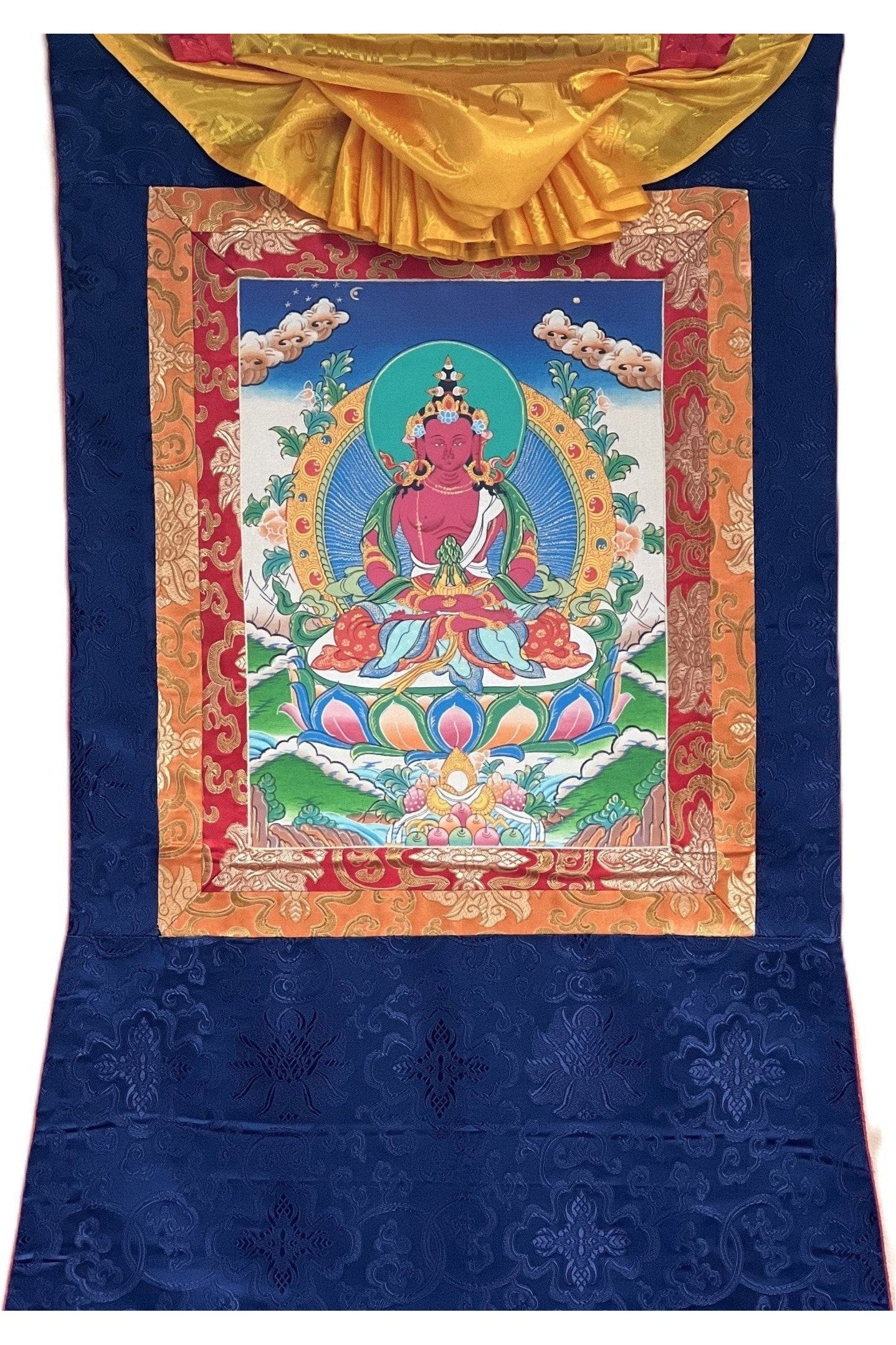 Original Hand Painted Amitayus/Aparamita Pure Land Sukhavati Buddha of Eternal Life Masterpiece Tibetan Thangka Painting with Silk Brocade - Tibetan Thangka Art