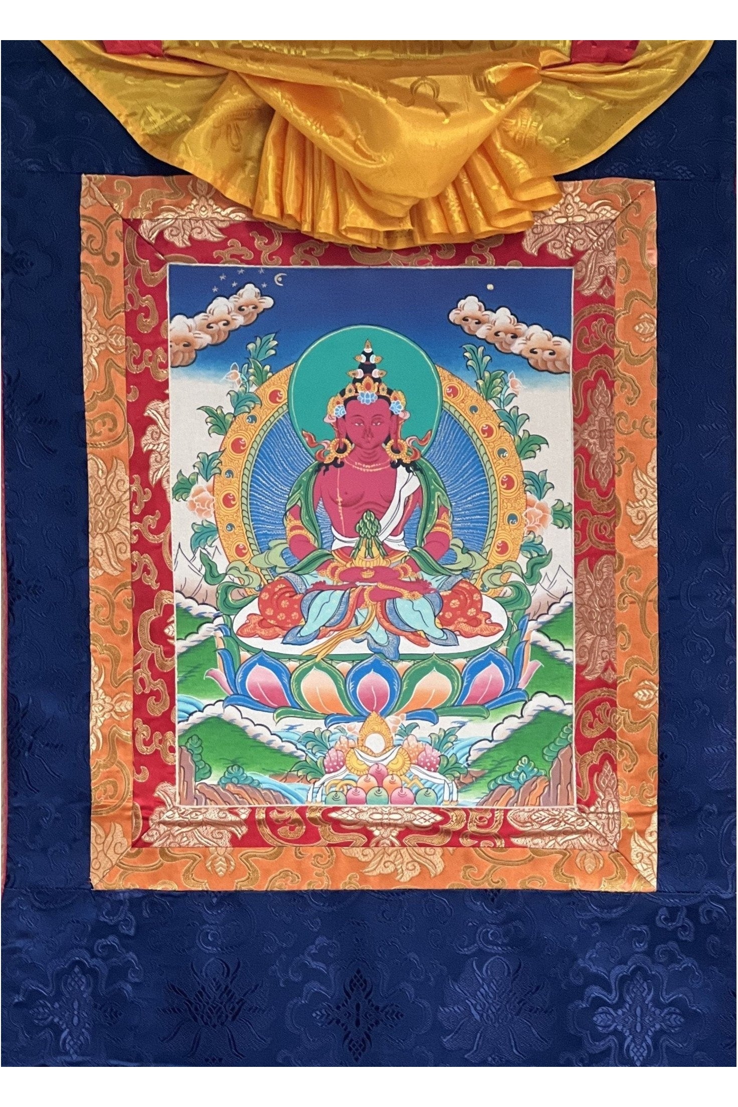 Original Hand Painted Amitayus/Aparamita Pure Land Sukhavati Buddha of Eternal Life Masterpiece Tibetan Thangka Painting with Silk Brocade - Tibetan Thangka Art