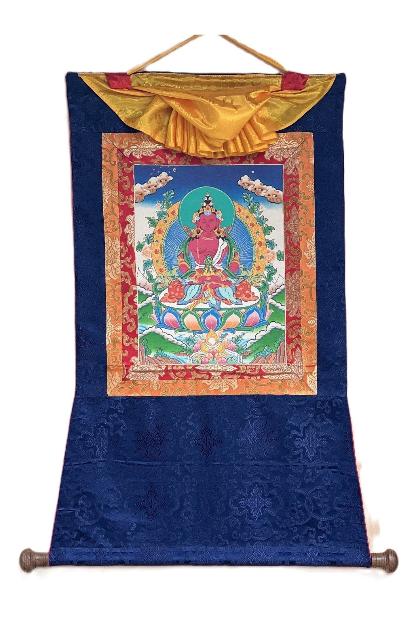 Original Hand Painted Amitayus/Aparamita Pure Land Sukhavati Buddha of Eternal Life Masterpiece Tibetan Thangka Painting with Silk Brocade - Tibetan Thangka Art