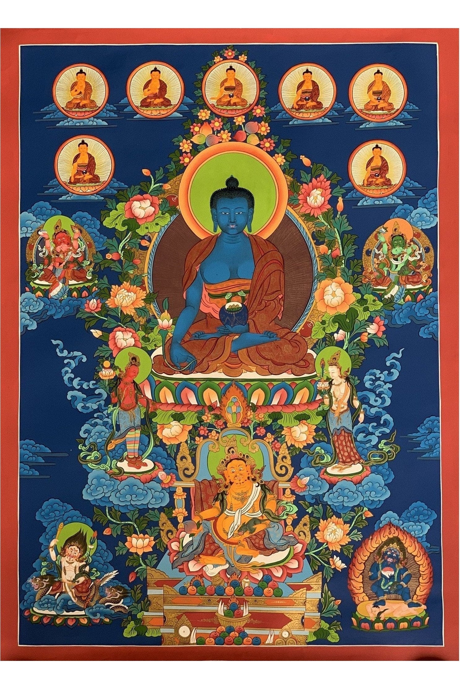 Original Hand Painted Large 24 K Gold Masterpiece Eight Medicine Buddha/ Healing Buddha/ Buddha Brothers Tibetan Meditation Thangka Painting - Tibetan Thangka Art