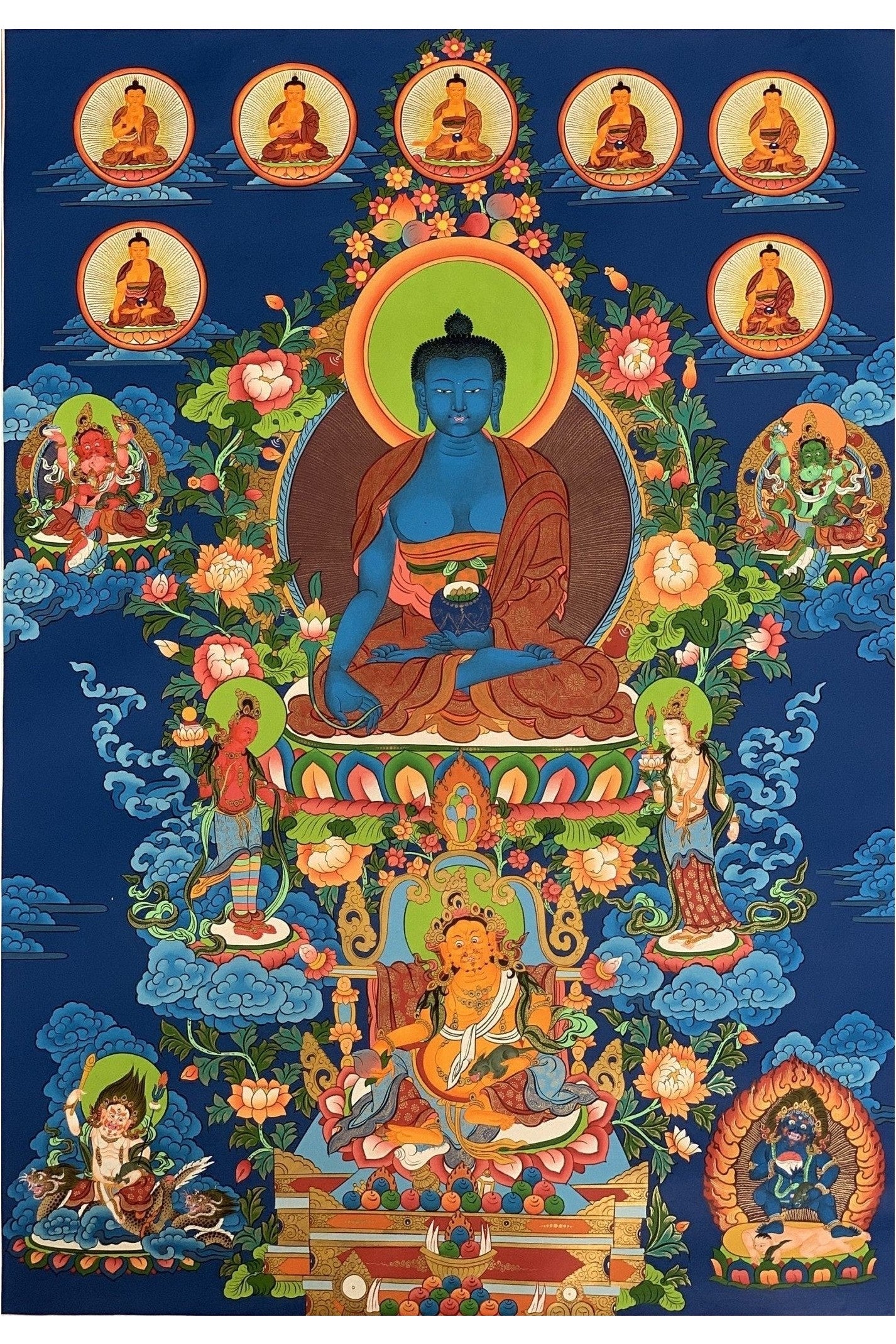 Original Hand Painted Large 24 K Gold Masterpiece Eight Medicine Buddha/ Healing Buddha/ Buddha Brothers Tibetan Meditation Thangka Painting - Tibetan Thangka Art