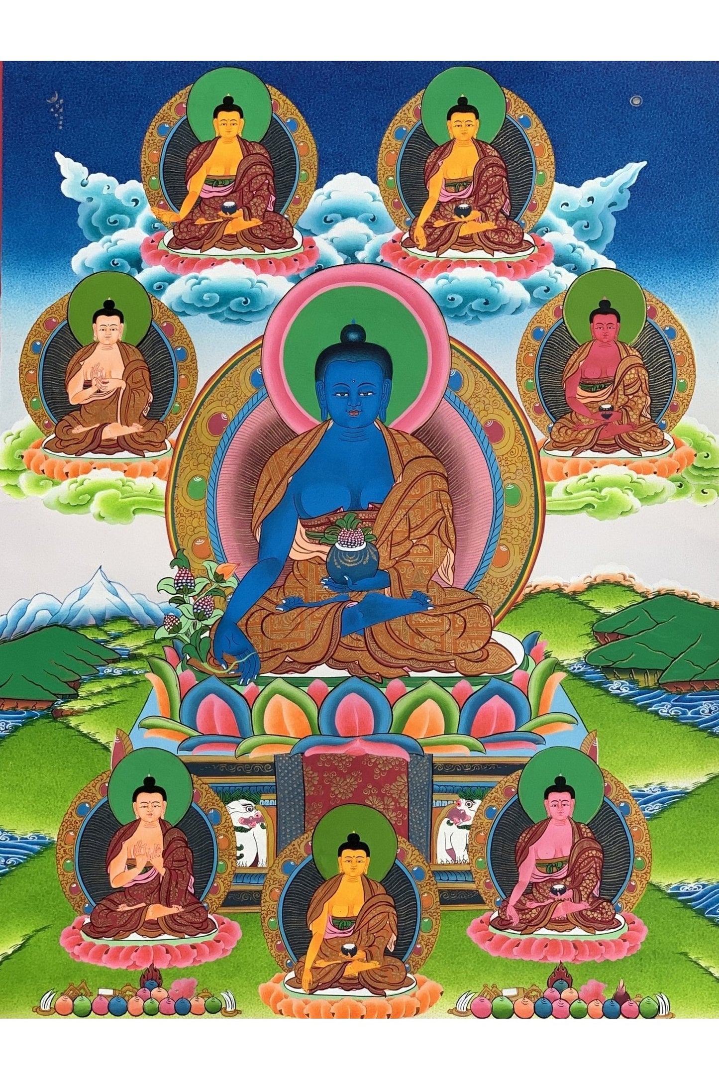 Original Hand Painted Masterpiece Eight Medicine Buddha/Eight Healing Buddha/Eight Buddha Brothers Tibetan Meditation Thangka Painting - Tibetan Thangka Art