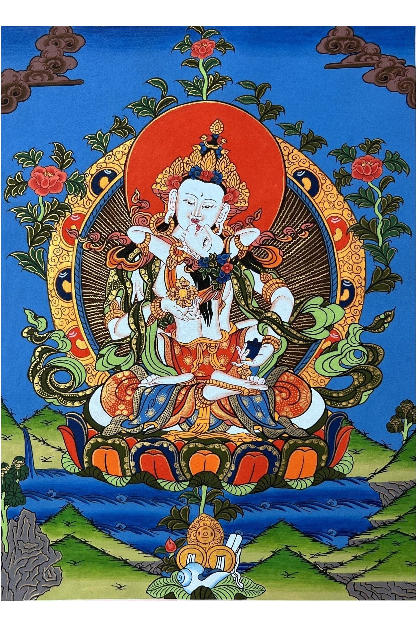 Original Vajrasattva Shakti in YabYum position Master Quality Tibetan Thangka Painting/ Hand - painting, Compassion Meditation Art from Nepal - Tibetan Thangka Art