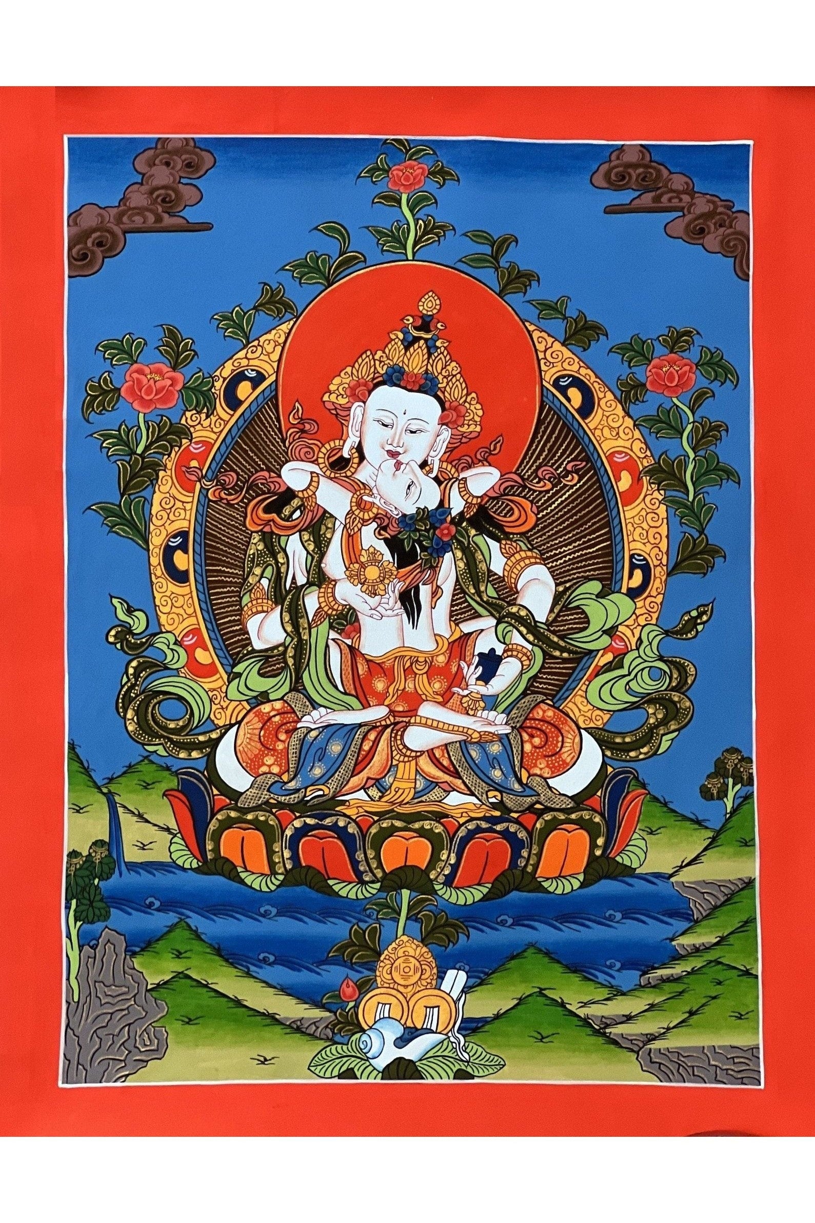 Original Vajrasattva Shakti in YabYum position Master Quality Tibetan Thangka Painting/ Hand - painting, Compassion Meditation Art from Nepal - Tibetan Thangka Art