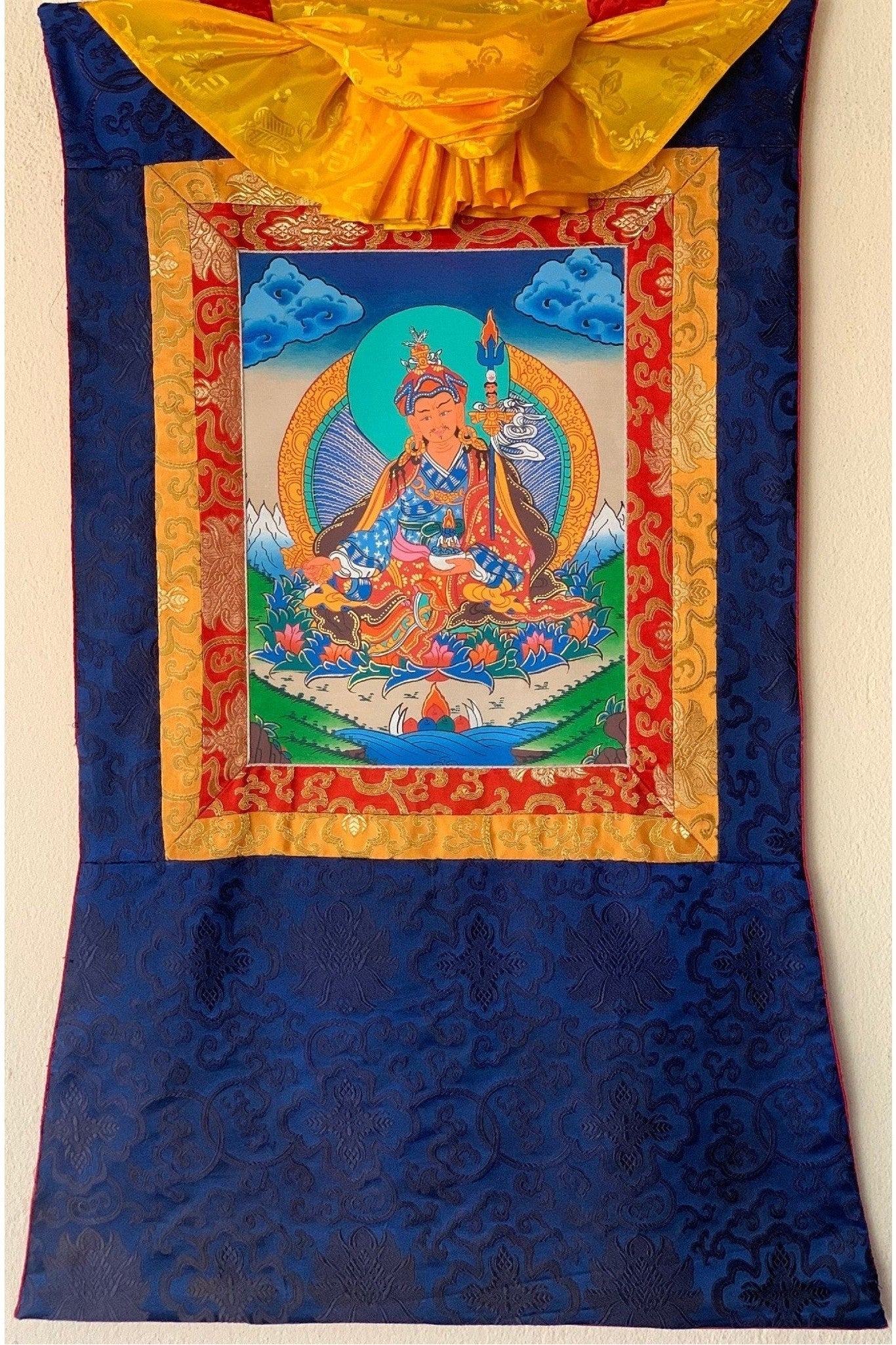 Padmasambhava, Guru Rinpoche, Thangka Painting, Original Art with Silk Brocade - Tibetan Thangka Art