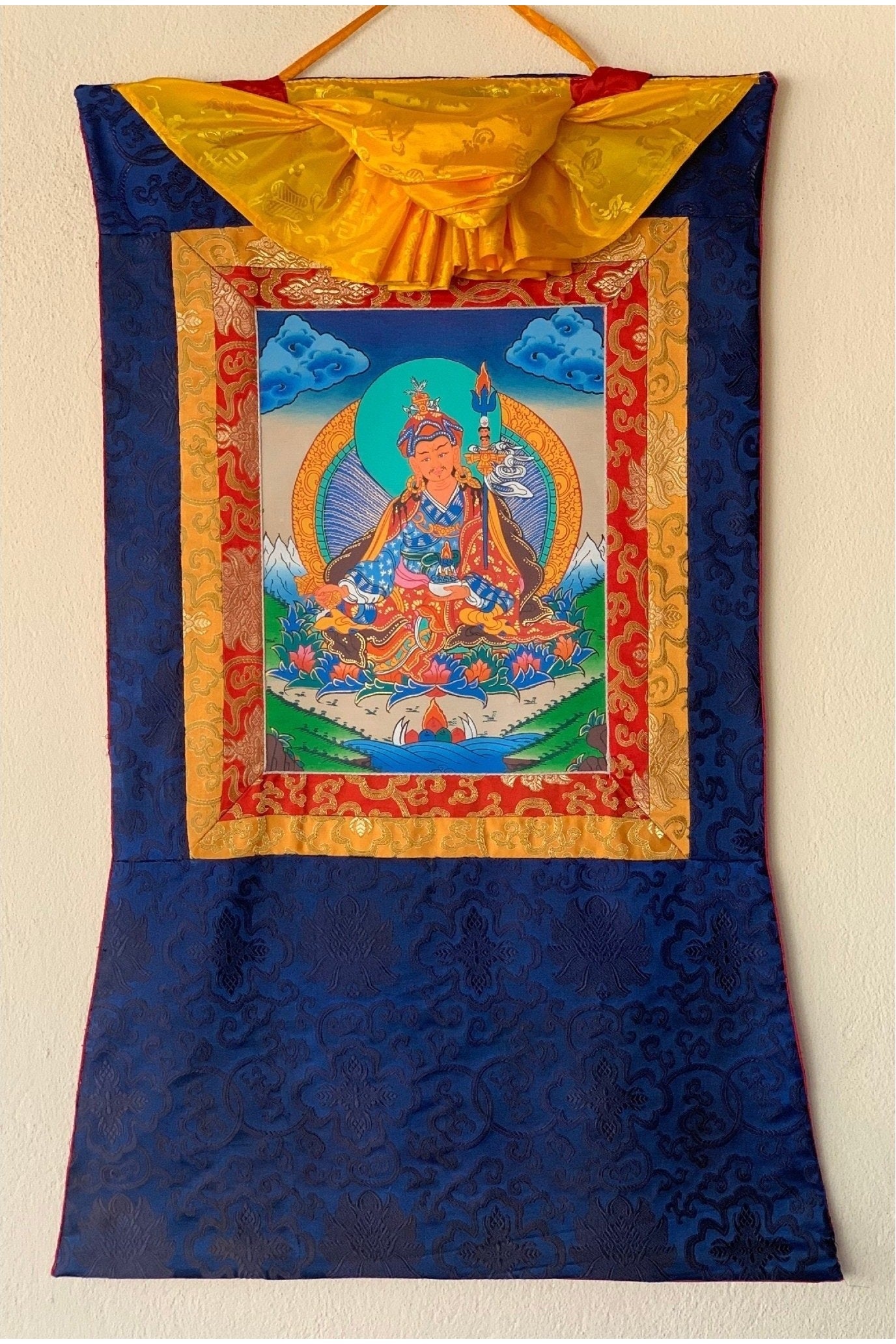 Padmasambhava, Guru Rinpoche, Thangka Painting, Original Art with Silk Brocade - Tibetan Thangka Art