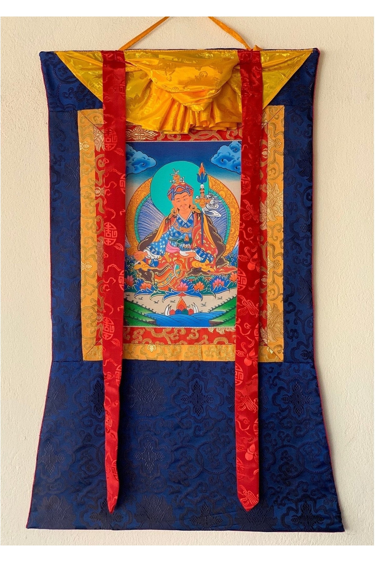 Padmasambhava, Guru Rinpoche, Thangka Painting, Original Art with Silk Brocade - Tibetan Thangka Art