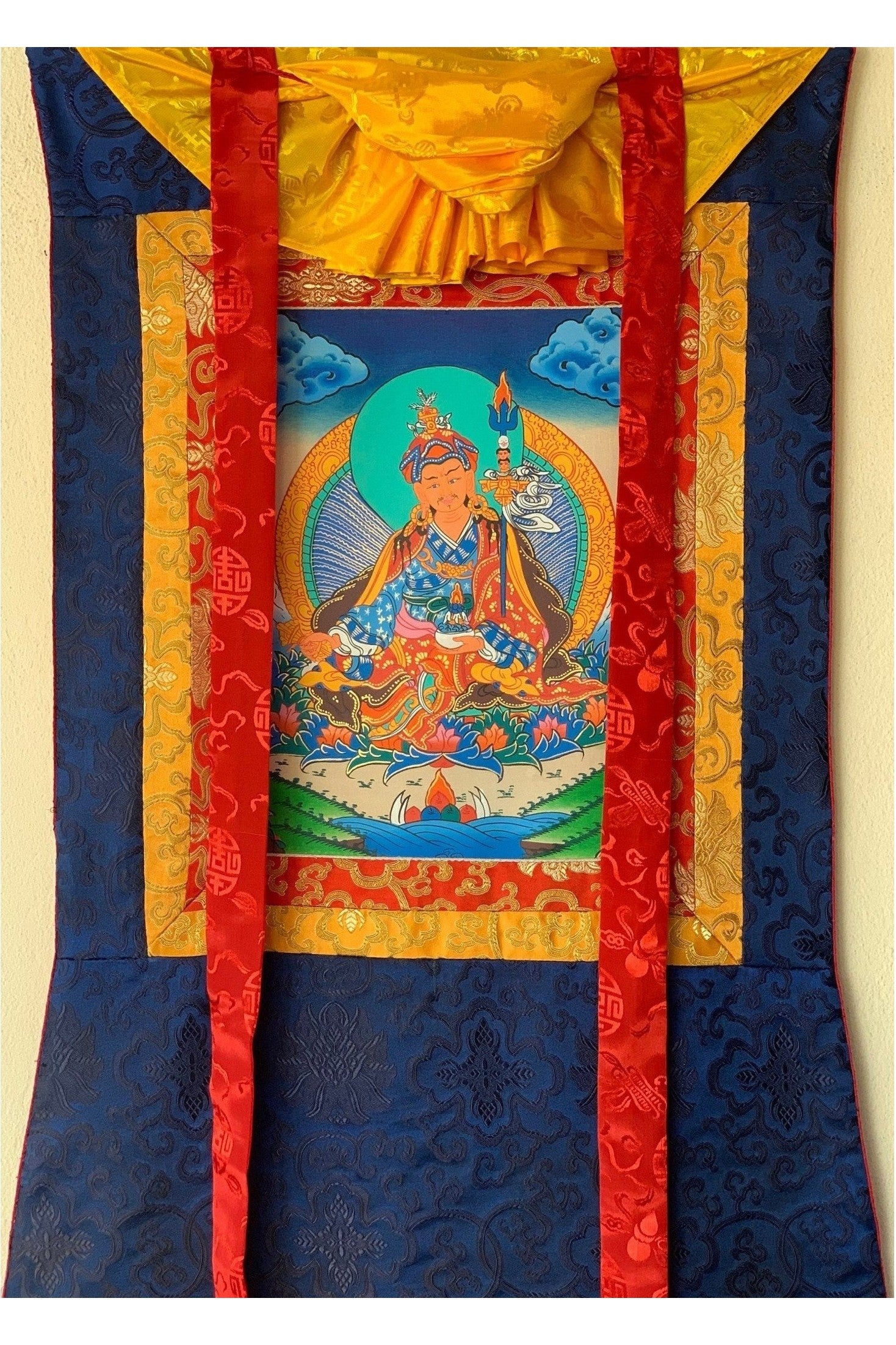 Padmasambhava, Guru Rinpoche, Thangka Painting, Original Art with Silk Brocade - Tibetan Thangka Art