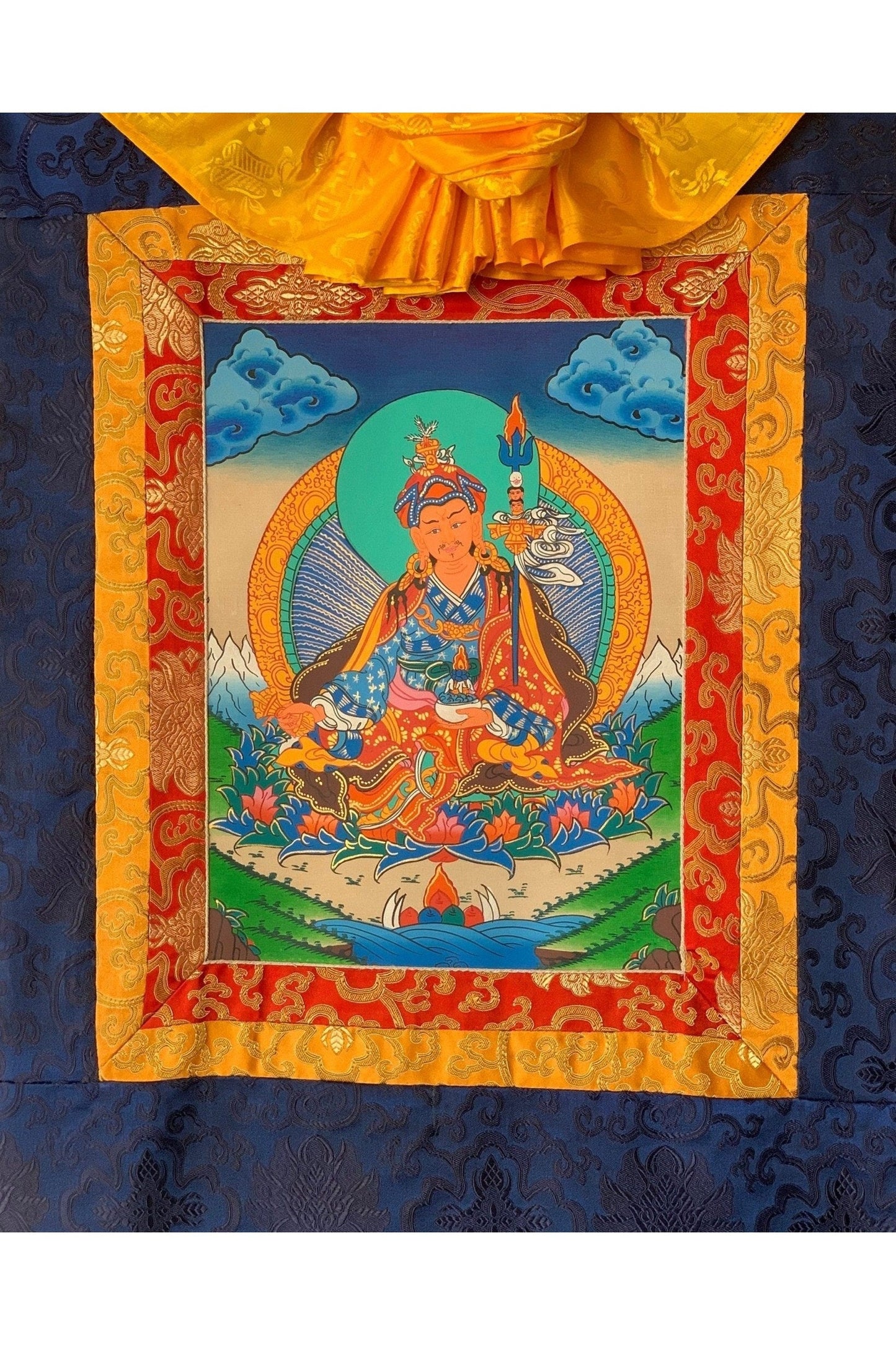 Padmasambhava, Guru Rinpoche, Thangka Painting, Original Art with Silk Brocade - Tibetan Thangka Art