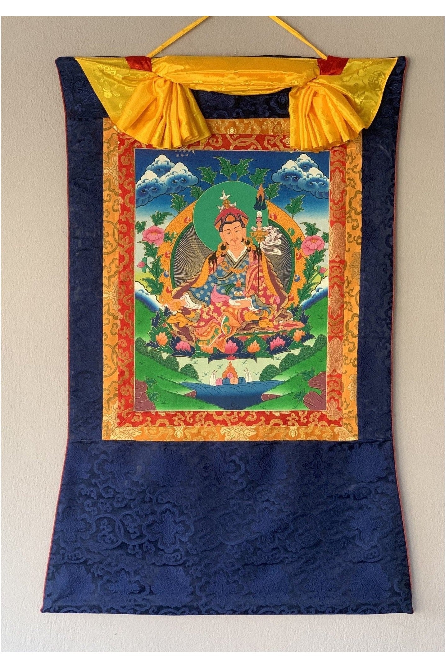 Padmasambhava, Guru Rinpoche Tibetan Thangka Painting Original Hand Painting/Art with Silk Brocade - Tibetan Thangka Art