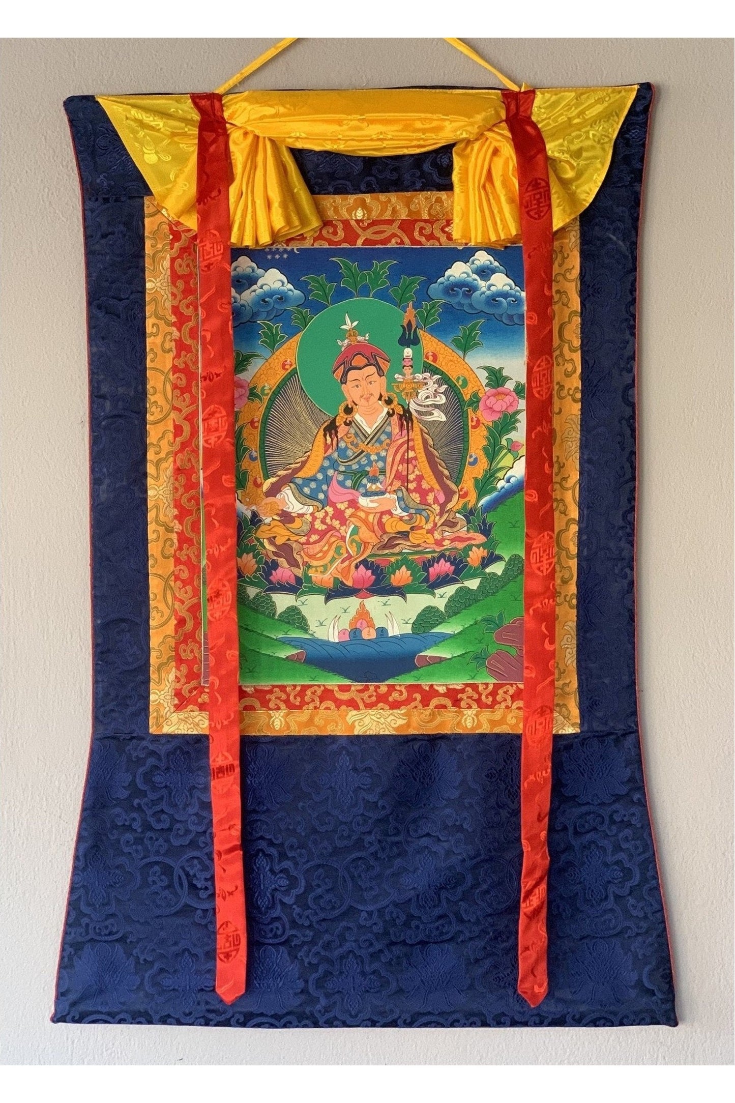 Padmasambhava, Guru Rinpoche Tibetan Thangka Painting Original Hand Painting/Art with Silk Brocade - Tibetan Thangka Art