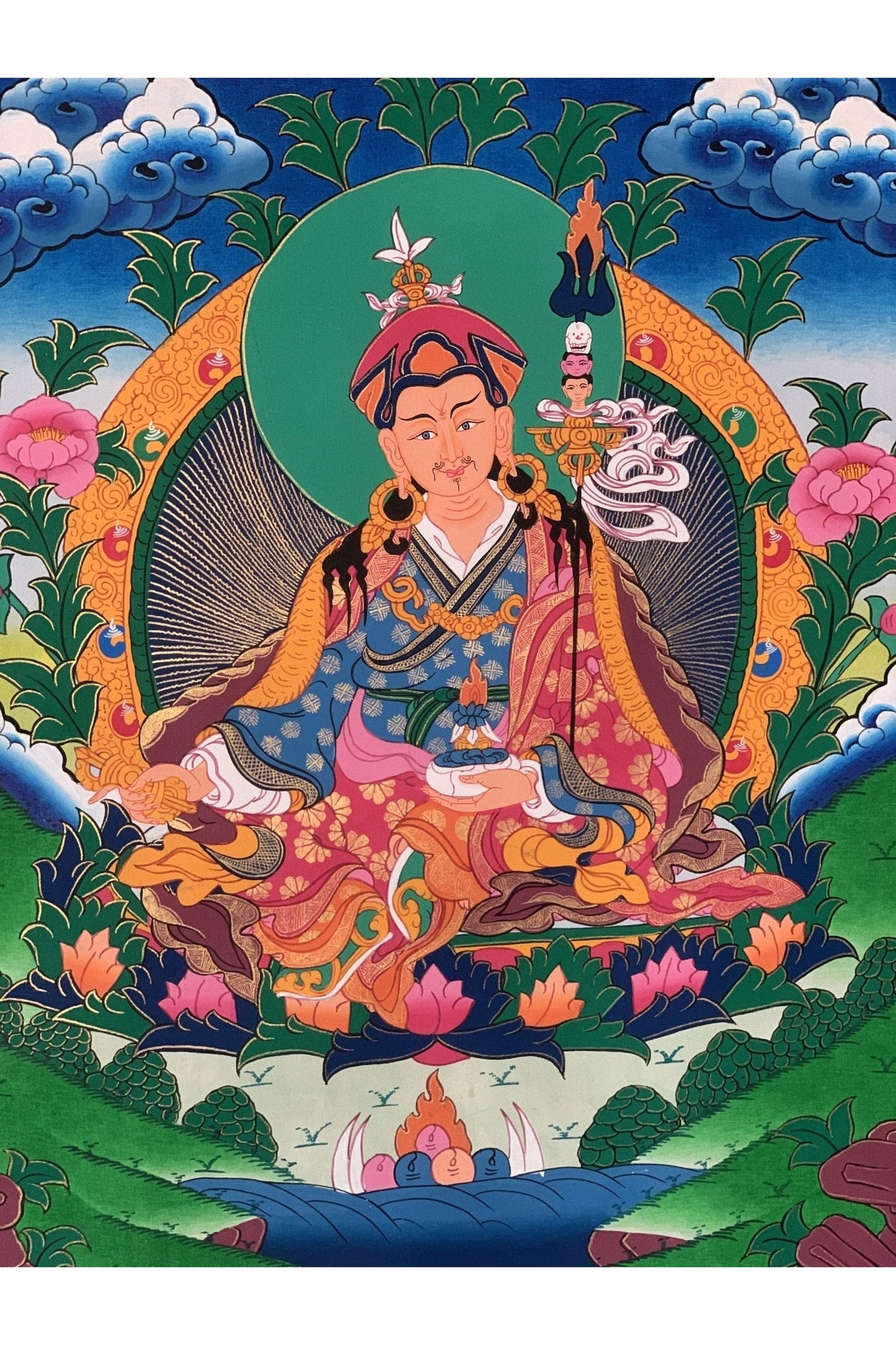 Padmasambhava, Guru Rinpoche Tibetan Thangka Painting Original Hand Painting/Art with Silk Brocade - Tibetan Thangka Art