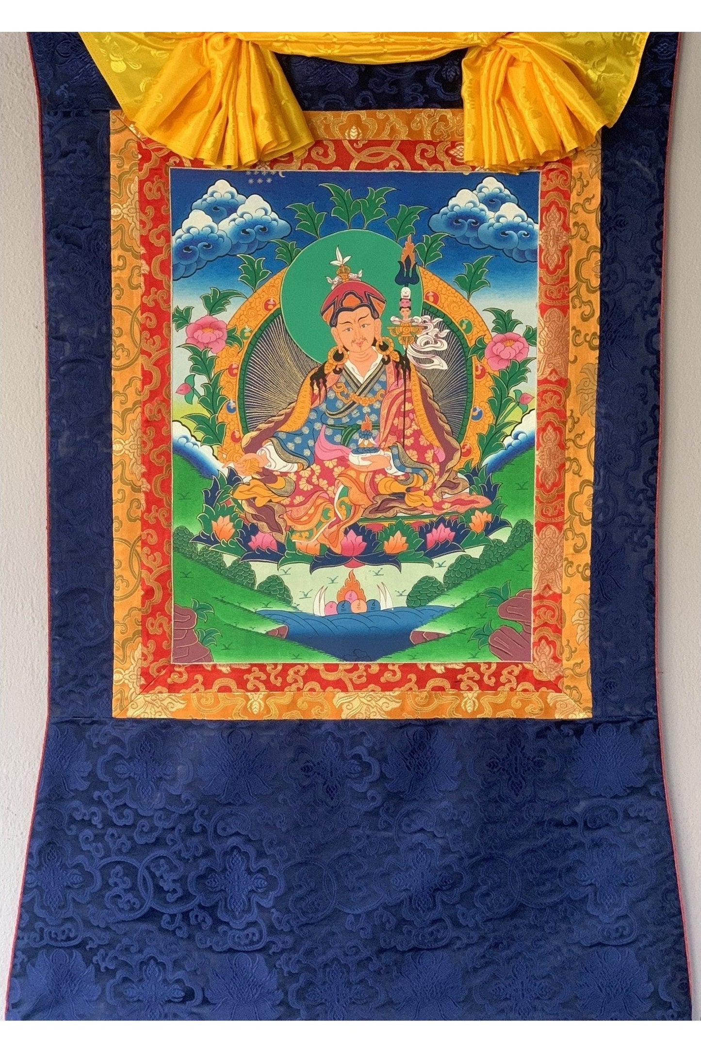 Padmasambhava, Guru Rinpoche Tibetan Thangka Painting Original Hand Painting/Art with Silk Brocade - Tibetan Thangka Art