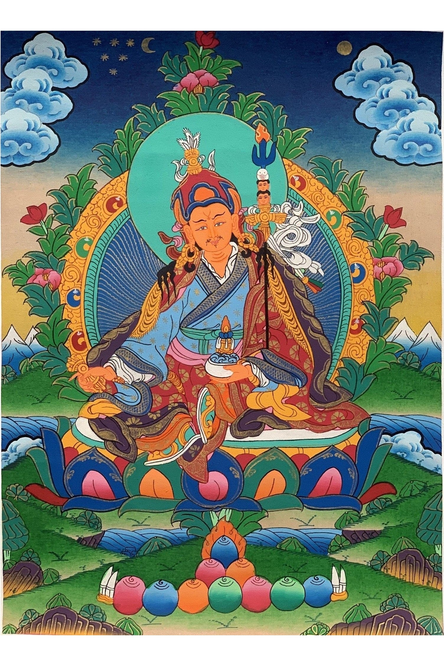 Padmasambhava Guru Rinpoche Tibetan Tibetan Thangka Painting Original Hand Painting/ Art 11 x 15 - Inch - Tibetan Thangka Art