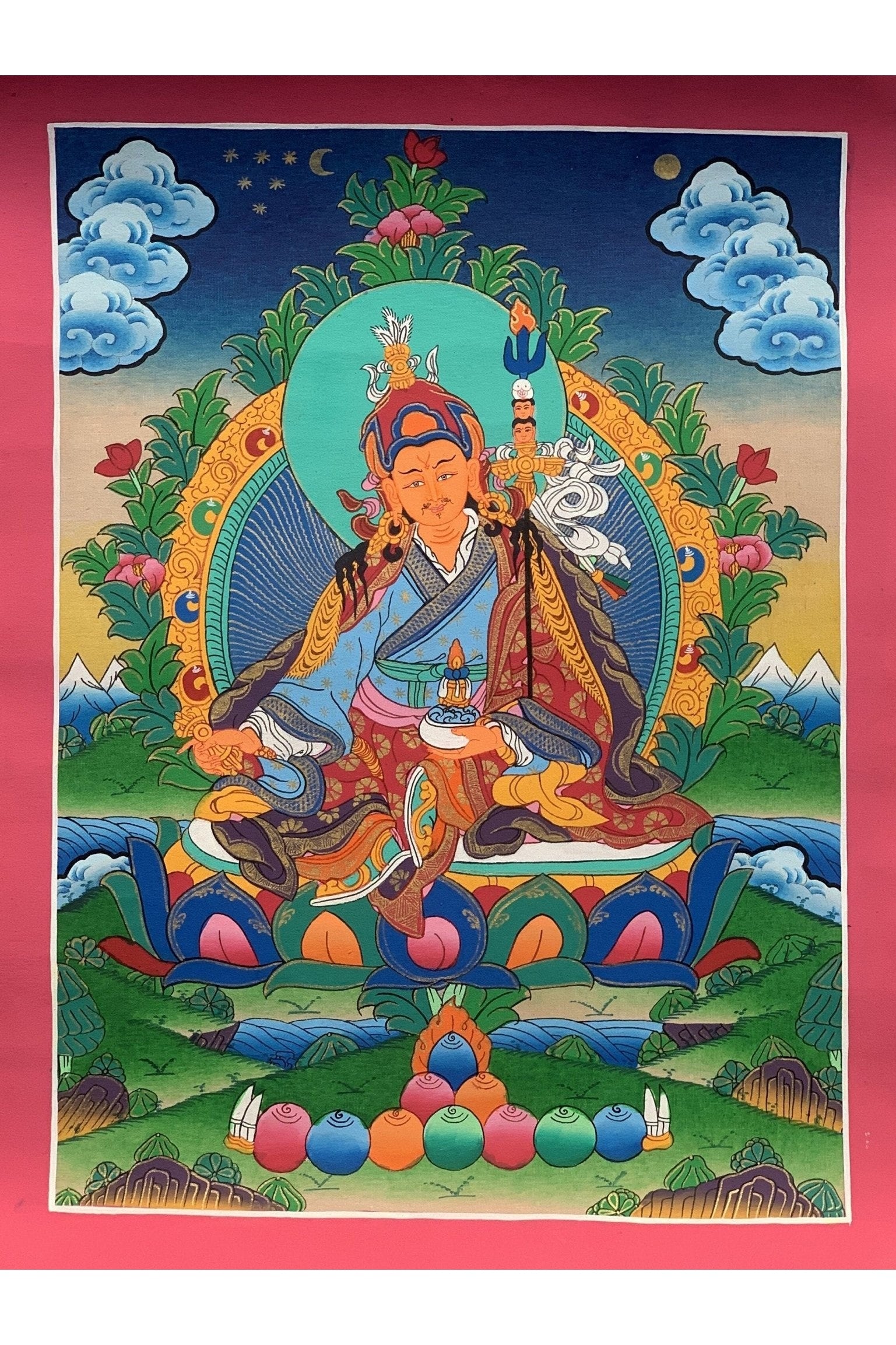 Padmasambhava Guru Rinpoche Tibetan Tibetan Thangka Painting Original Hand Painting/ Art 11 x 15 - Inch - Tibetan Thangka Art