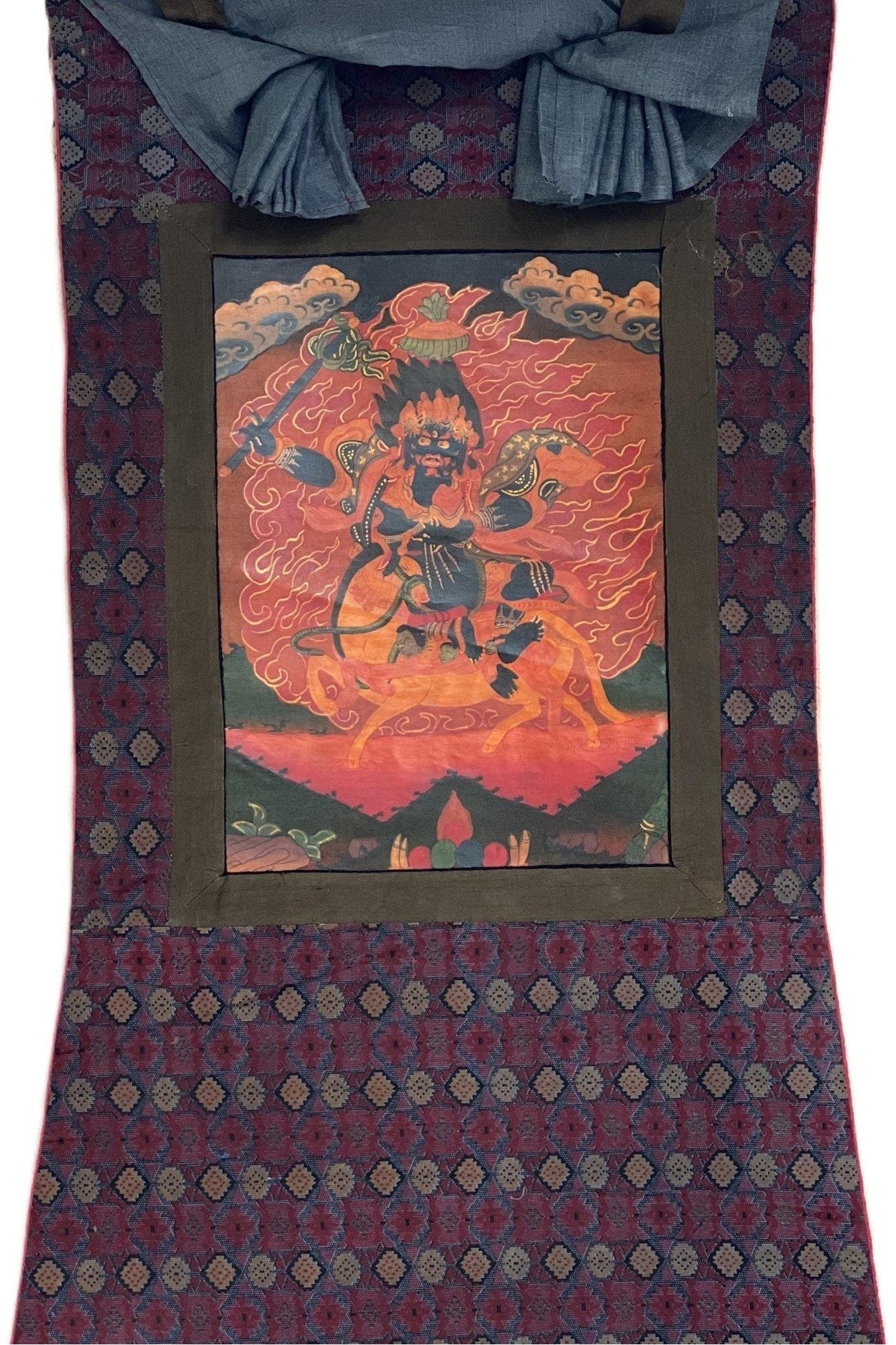 Palden Lhamo/Sri Devi// Kali Old Oil Varnished Tibetan Thangka Painting/ Original Buddhist Art with Cotton Brocade - Tibetan Thangka Art