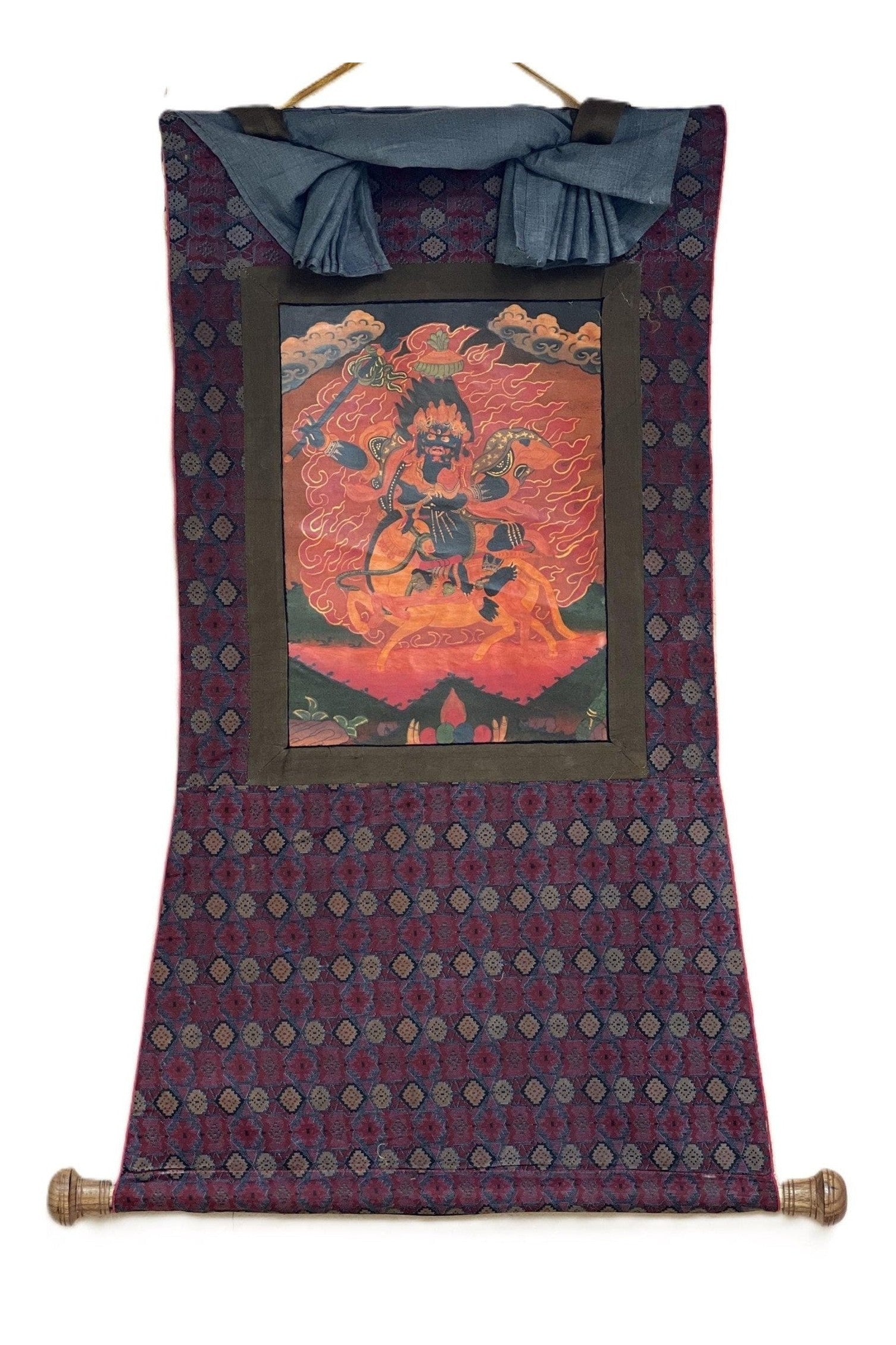 Palden Lhamo/Sri Devi// Kali Old Oil Varnished Tibetan Thangka Painting/ Original Buddhist Art with Cotton Brocade - Tibetan Thangka Art