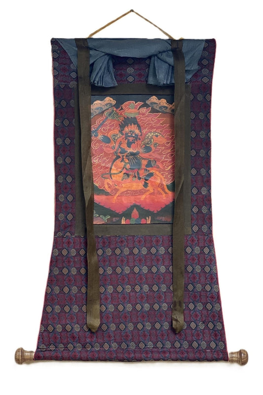 Palden Lhamo/Sri Devi// Kali Old Oil Varnished Tibetan Thangka Painting/ Original Buddhist Art with Cotton Brocade - Tibetan Thangka Art