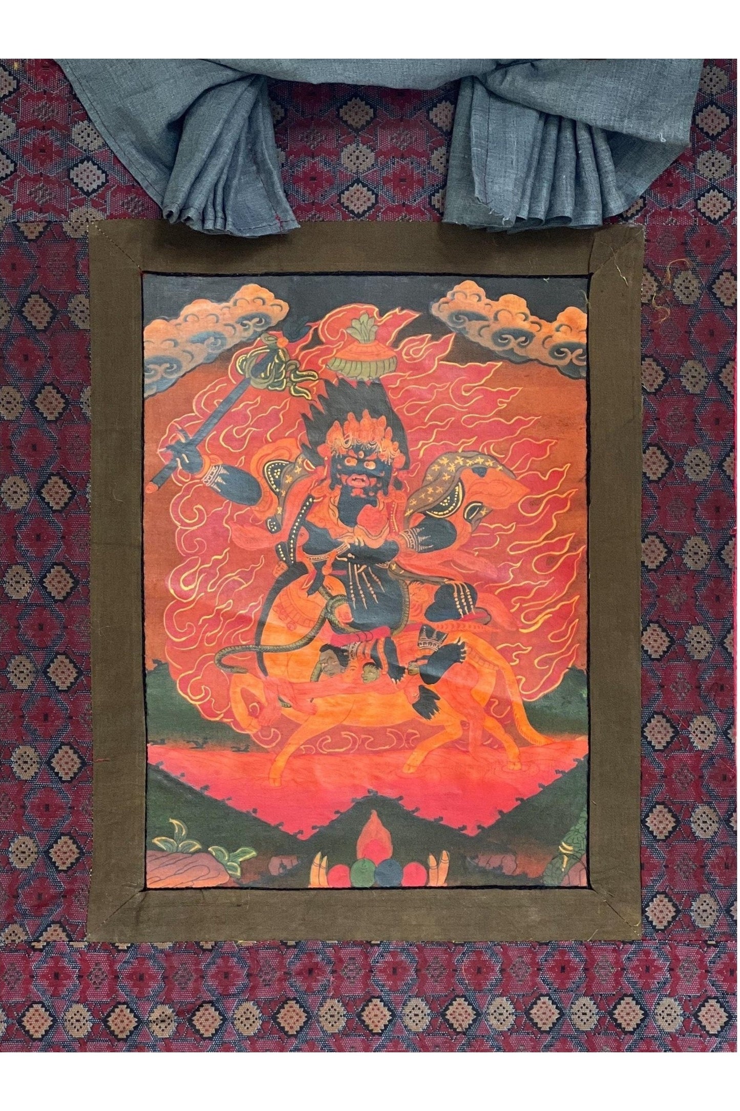 Palden Lhamo/Sri Devi// Kali Old Oil Varnished Tibetan Thangka Painting/ Original Buddhist Art with Cotton Brocade - Tibetan Thangka Art