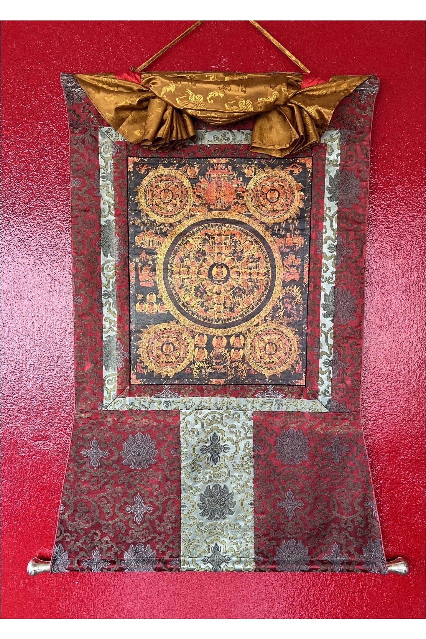 Pancha Buddha / Wheel of Life/ Bhavachakra Samsarachakra Mandala,Oil Varnished Old Tibetan Thangka Painting, Original Art with Silk Brocade - Tibetan Thangka Art