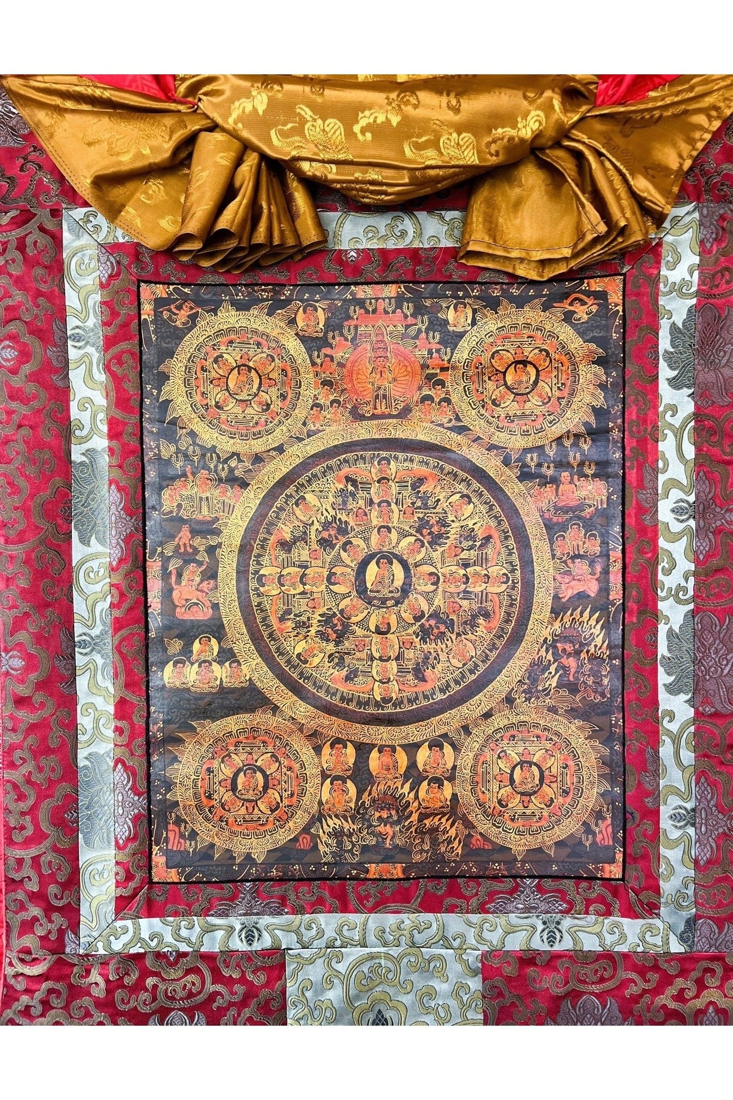 Pancha Buddha / Wheel of Life/ Bhavachakra Samsarachakra Mandala,Oil Varnished Old Tibetan Thangka Painting, Original Art with Silk Brocade - Tibetan Thangka Art