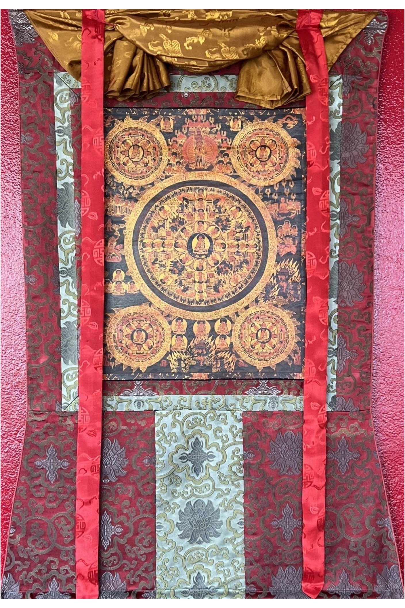 Pancha Buddha / Wheel of Life/ Bhavachakra Samsarachakra Mandala,Oil Varnished Old Tibetan Thangka Painting, Original Art with Silk Brocade - Tibetan Thangka Art