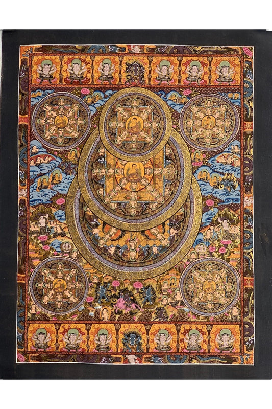 Pancha (Five) Buddha/ Big Circle Mandala Tibetan Thangka Painting, Original Sacred Meditation Art - Tibetan Thangka Art