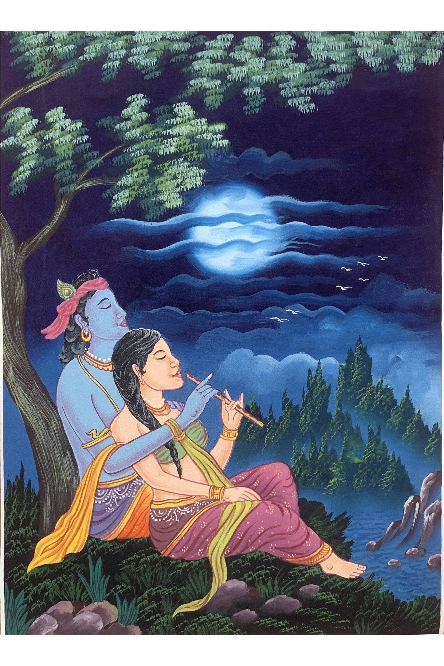 Radha - Krishna | Compassion/ Love/Protection Hindu Newari Paubha Original Thangka Painting with Premium Silk Brocade - Tibetan Thangka Art