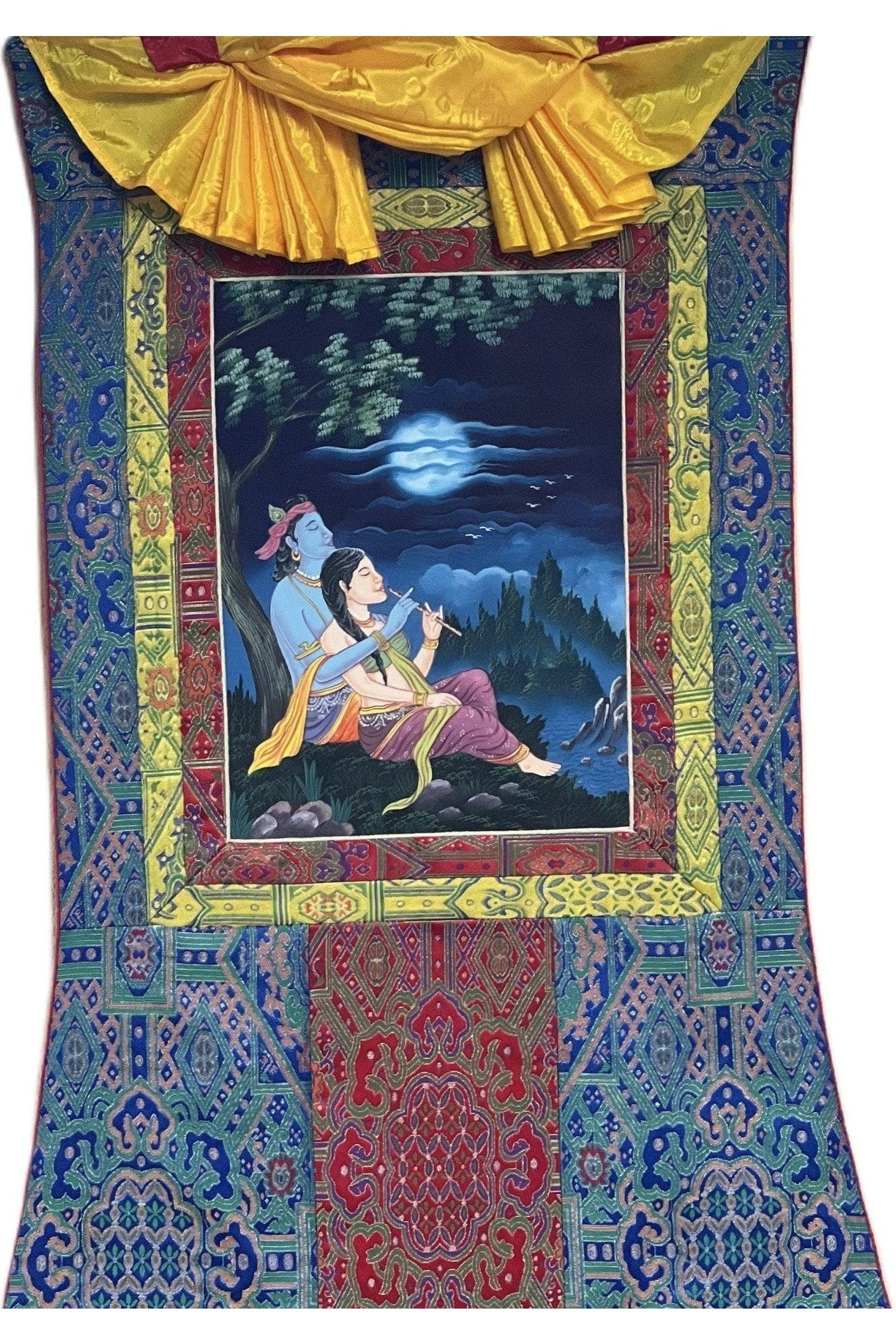 Radha - Krishna | Compassion/ Love/Protection Hindu Newari Paubha Original Thangka Painting with Premium Silk Brocade - Tibetan Thangka Art