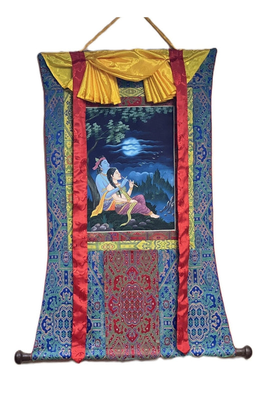 Radha - Krishna | Compassion/ Love/Protection Hindu Newari Paubha Original Thangka Painting with Premium Silk Brocade - Tibetan Thangka Art