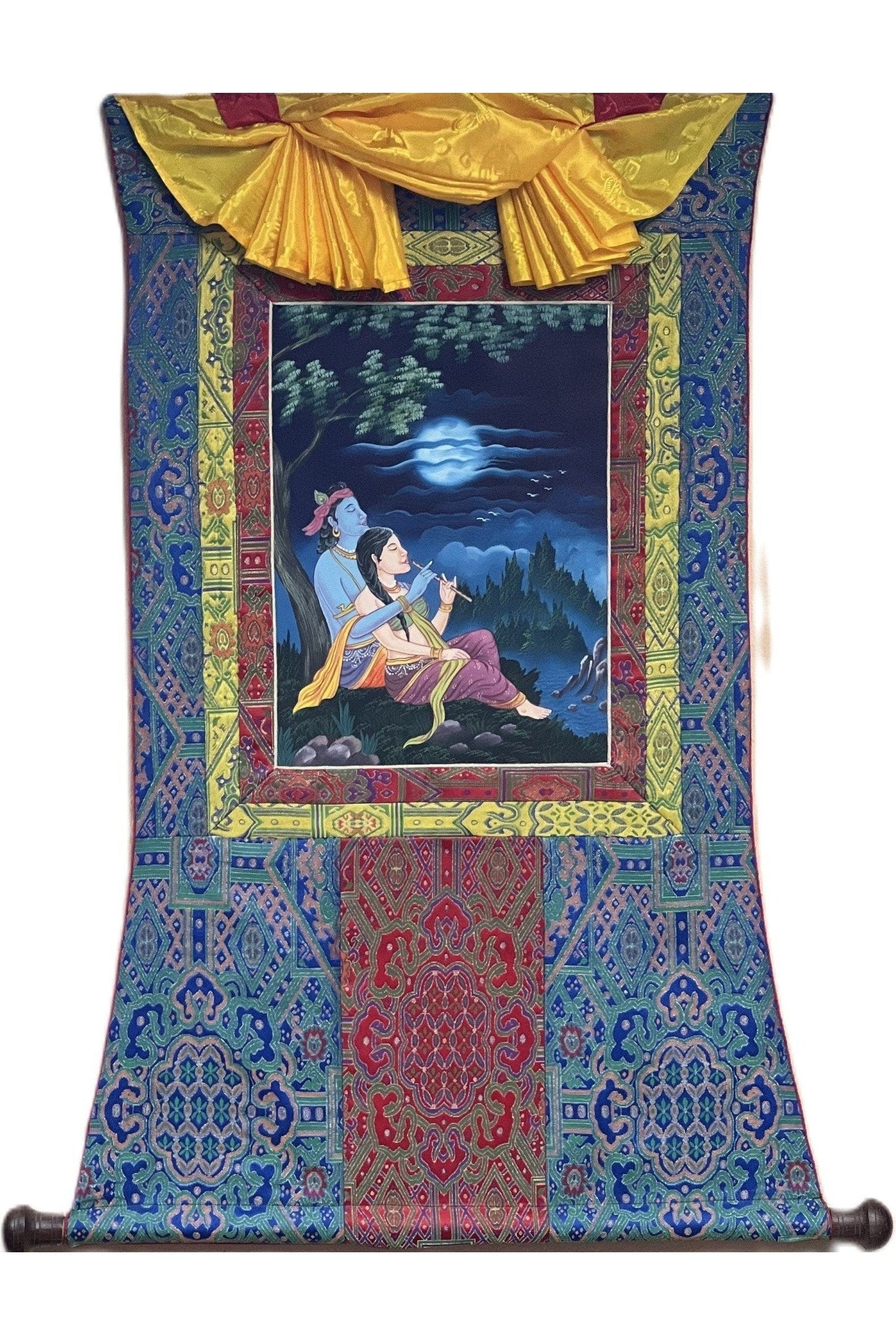 Radha - Krishna | Compassion/ Love/Protection Hindu Newari Paubha Original Thangka Painting with Premium Silk Brocade - Tibetan Thangka Art