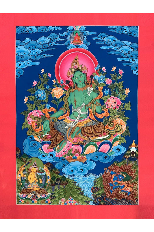 Radiant Grace: Green Tara (Shyamatara)/Divine Goddess of Compassion - Original Masterpiece Tibetan Thangka Painting, Essence of Buddhist Art - Tibetan Thangka Art