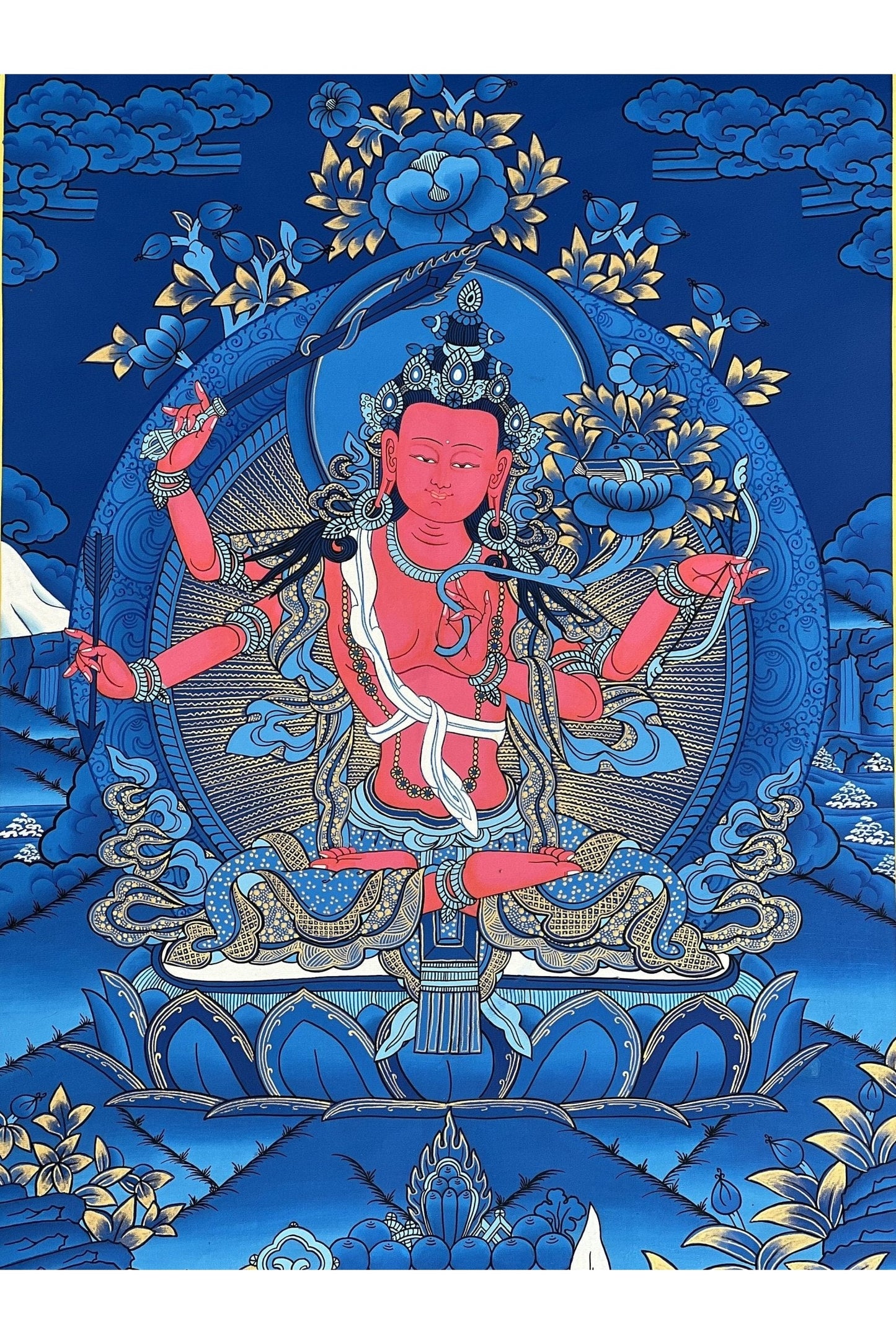 Red Manjushri Bodhisattva of wisdom Masterpiece Tibetan Thangka Painting/ Original Hand Painting/ Buddhist Art - Tibetan Thangka Art