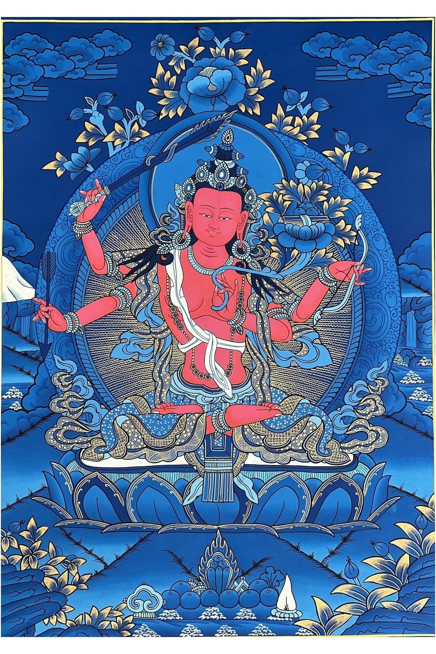 Red Manjushri Bodhisattva of wisdom Masterpiece Tibetan Thangka Painting/ Original Hand Painting/ Buddhist Art - Tibetan Thangka Art