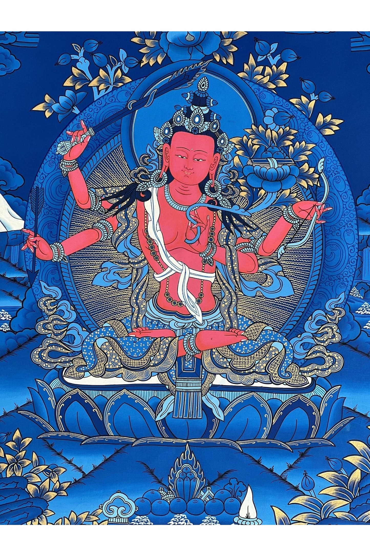 Red Manjushri Bodhisattva of wisdom Masterpiece Tibetan Thangka Painting/ Original Hand Painting/ Buddhist Art - Tibetan Thangka Art