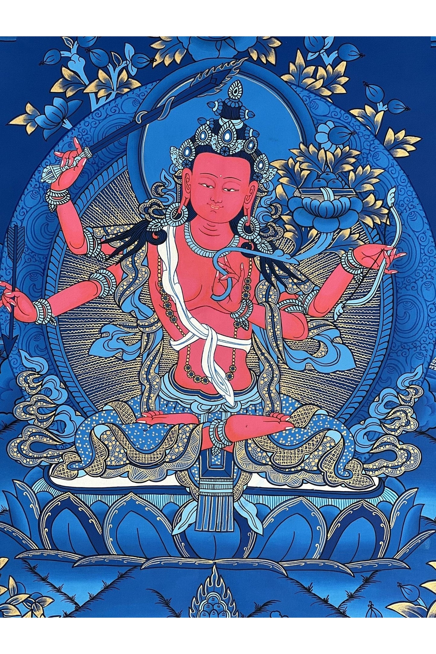 Red Manjushri Bodhisattva of wisdom Masterpiece Tibetan Thangka Painting/ Original Hand Painting/ Buddhist Art - Tibetan Thangka Art