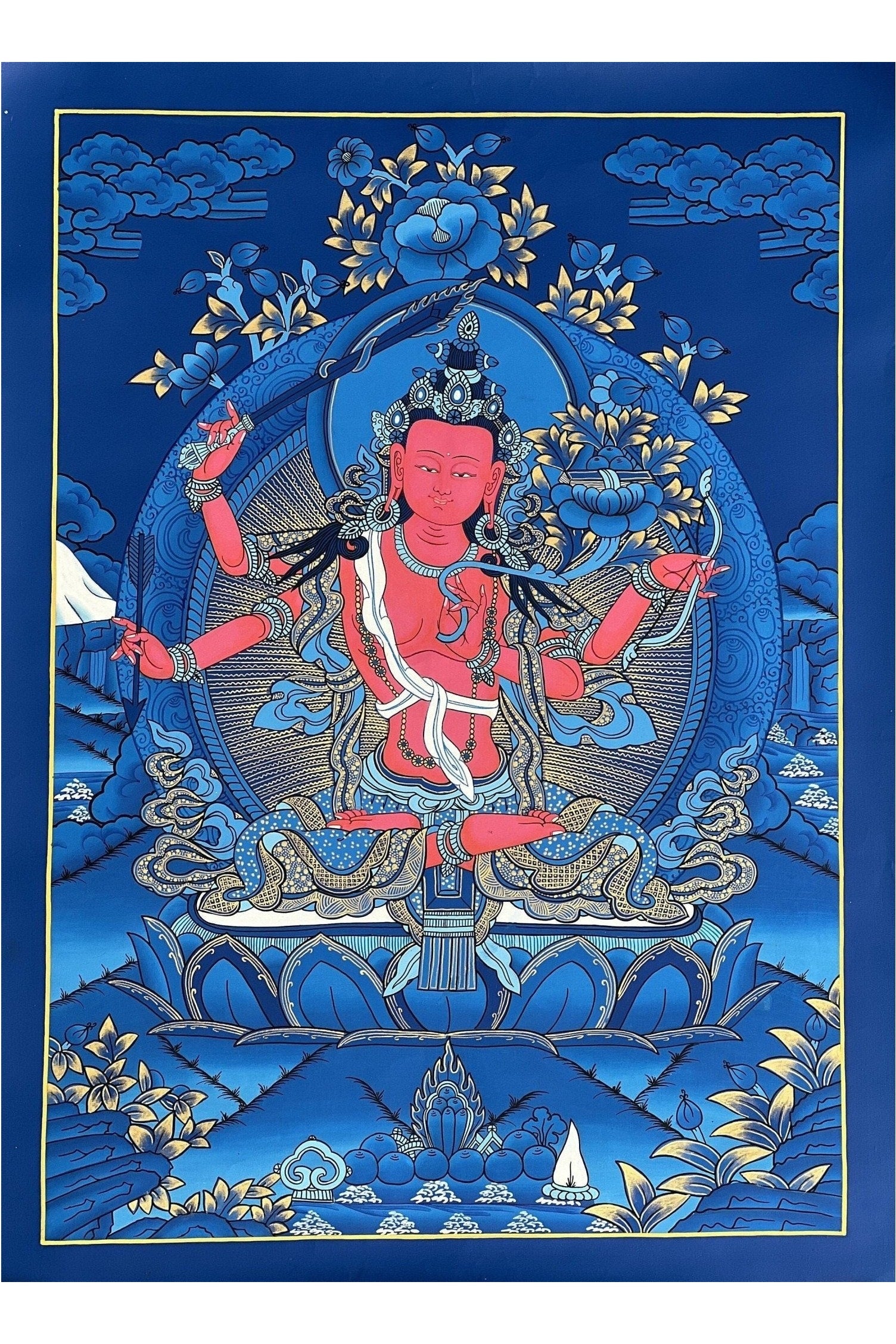 Red Manjushri Bodhisattva of wisdom Masterpiece Tibetan Thangka Painting/ Original Hand Painting/ Buddhist Art - Tibetan Thangka Art