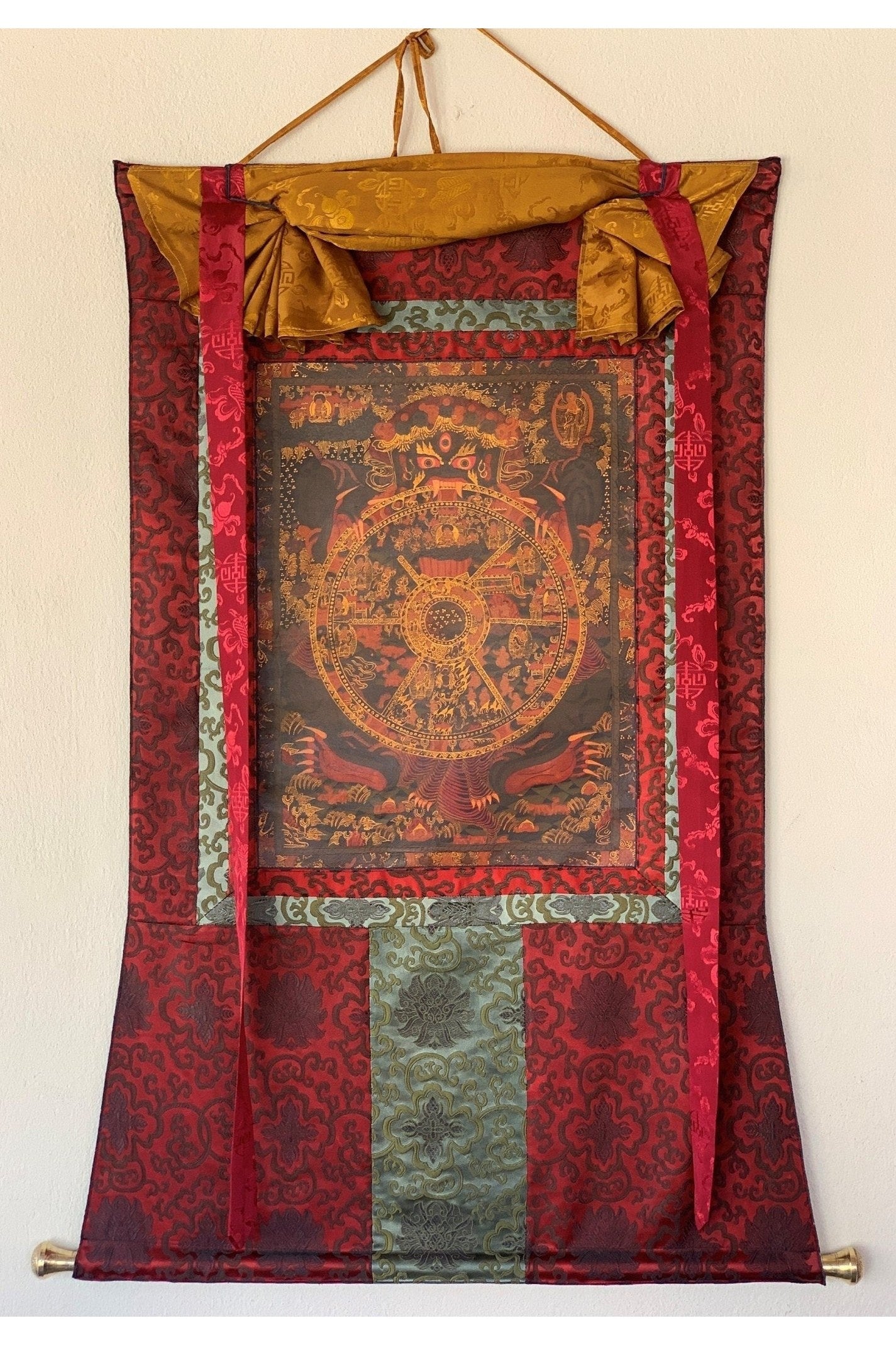 Riduk, Wheel of Life, Bhavacakra, Kalachakra Mandala, Thangka Painting, Original Art with Silk Brocade - Tibetan Thangka Art