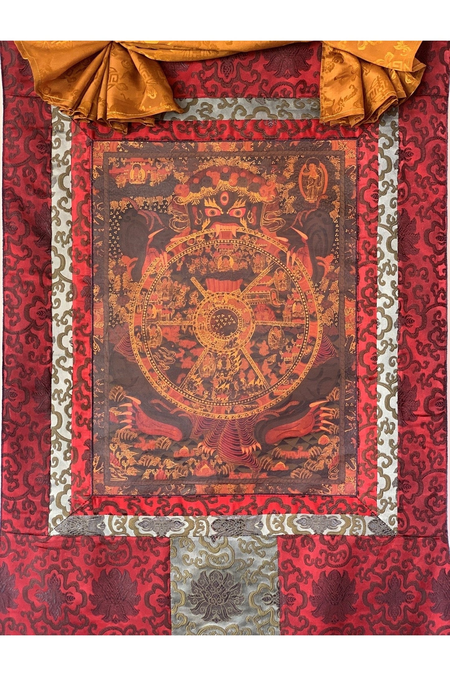 Riduk, Wheel of Life, Bhavacakra, Kalachakra Mandala, Thangka Painting, Original Art with Silk Brocade - Tibetan Thangka Art