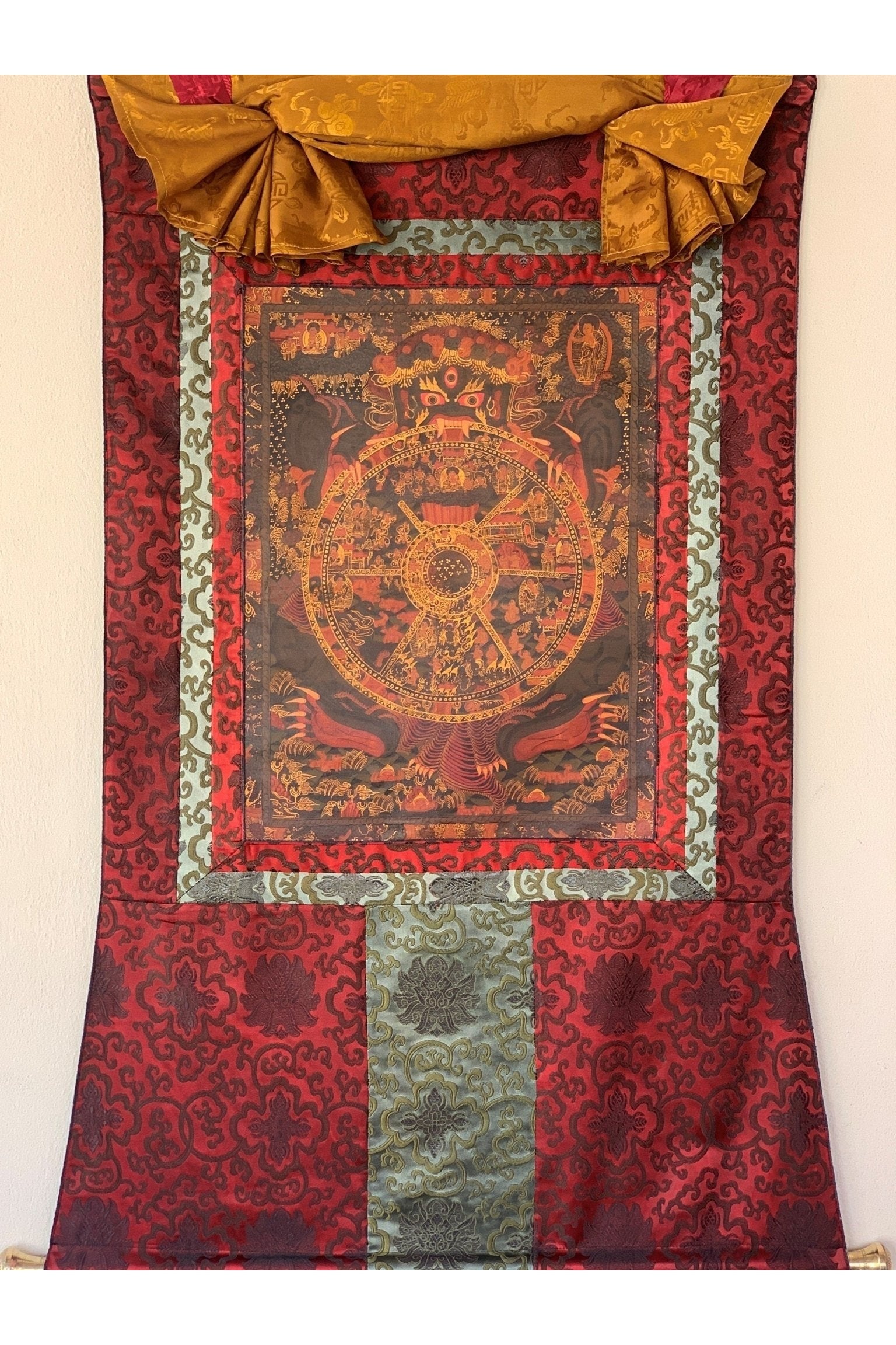 Riduk, Wheel of Life, Bhavacakra, Kalachakra Mandala, Thangka Painting, Original Art with Silk Brocade - Tibetan Thangka Art